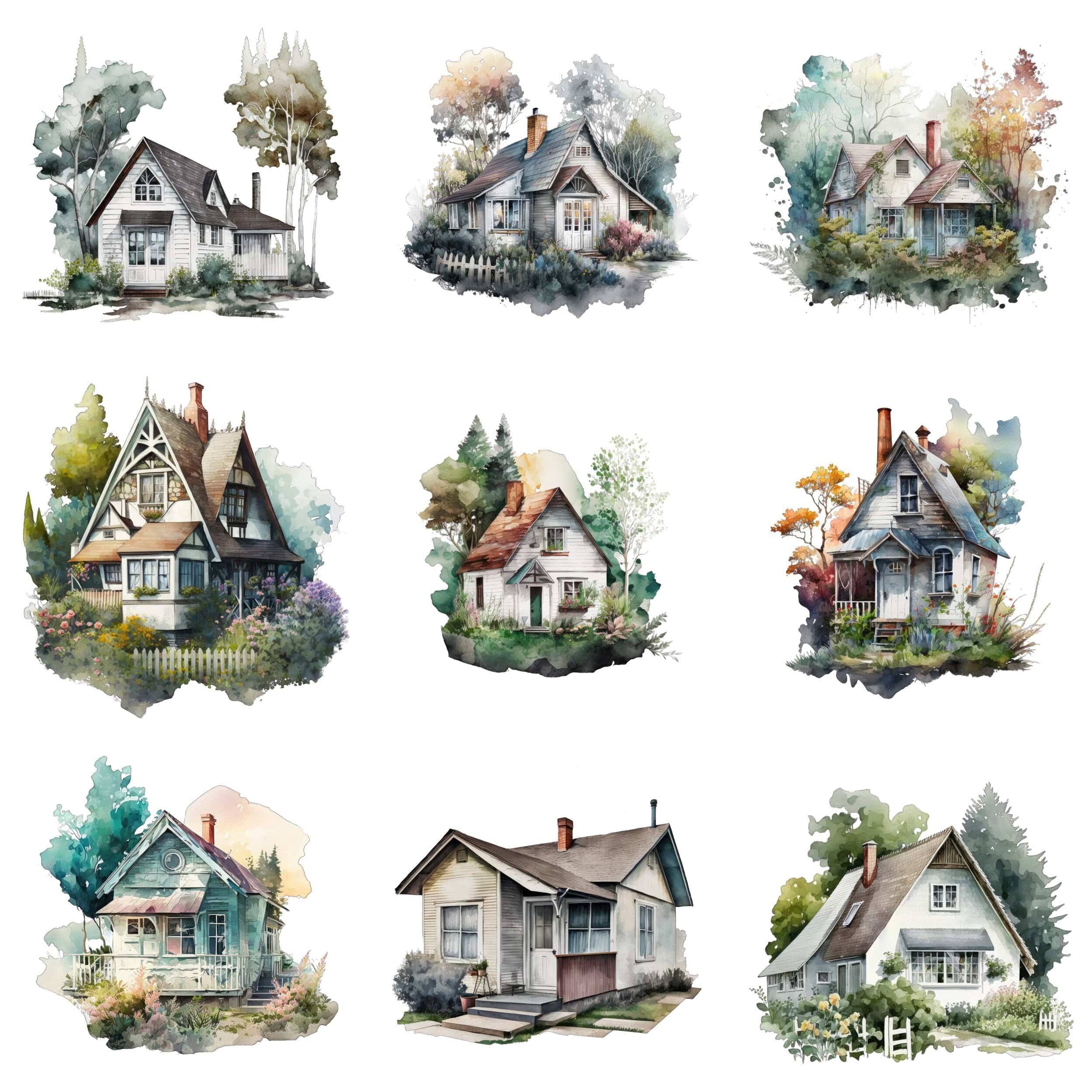Postmodern Watercolor Cottage & House Bundle - 60 Transparent Images - Digital Download Digital Download Sumobundle