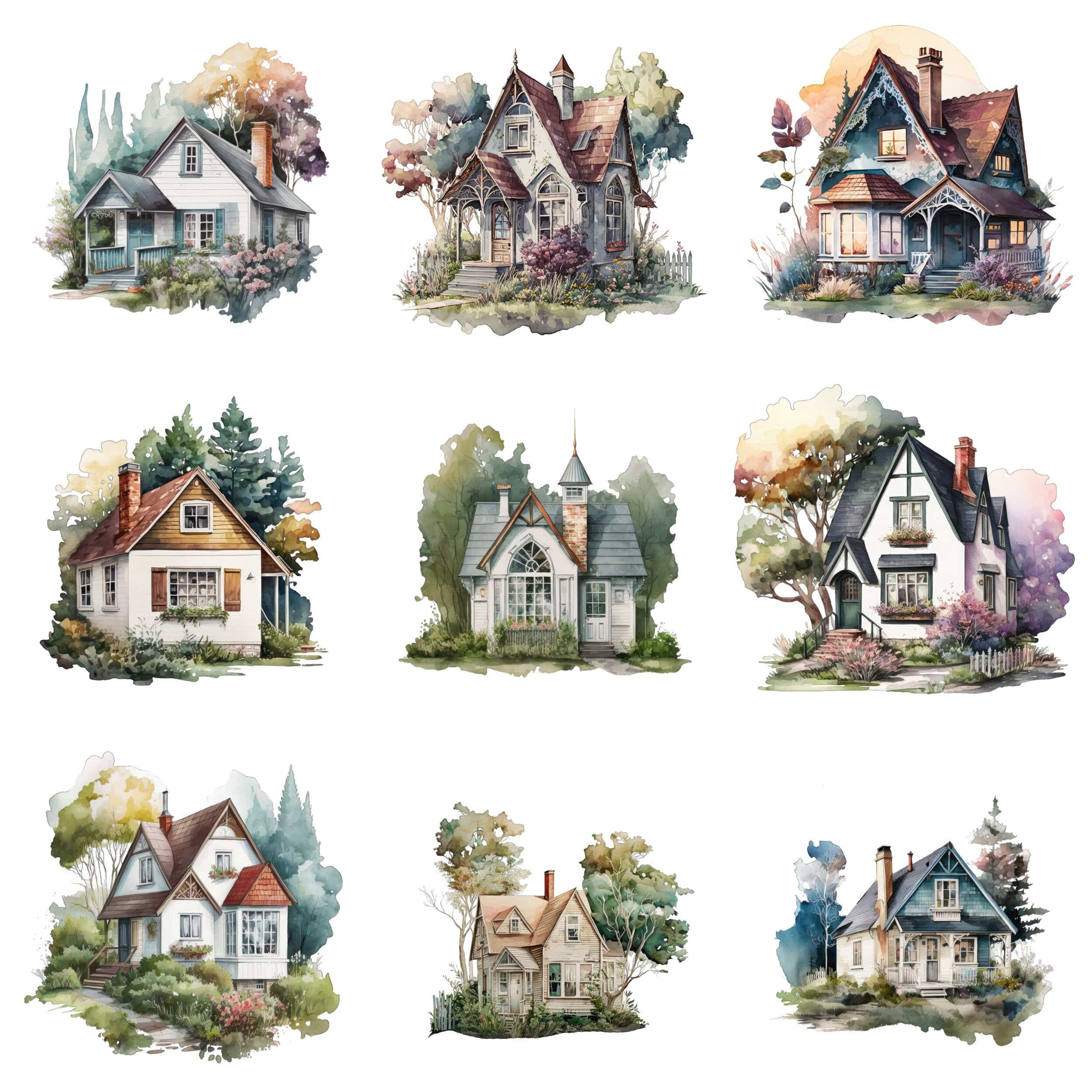Postmodern Watercolor Cottage & House Bundle - 60 Transparent Images - Digital Download Digital Download Sumobundle