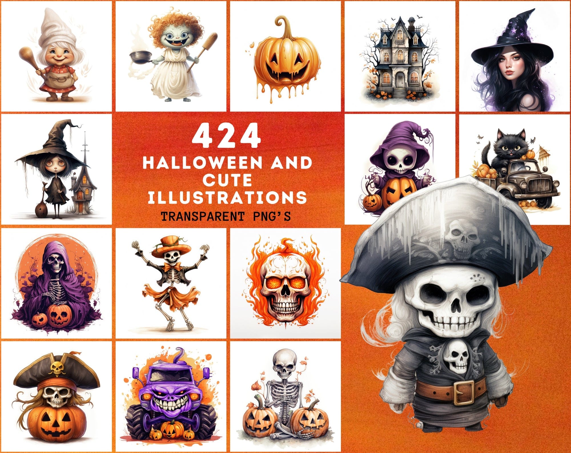 Premium Halloween & Cute Illustration Bundle - 424 PNGs in Transparent and White Backgrounds Digital Download Sumobundle