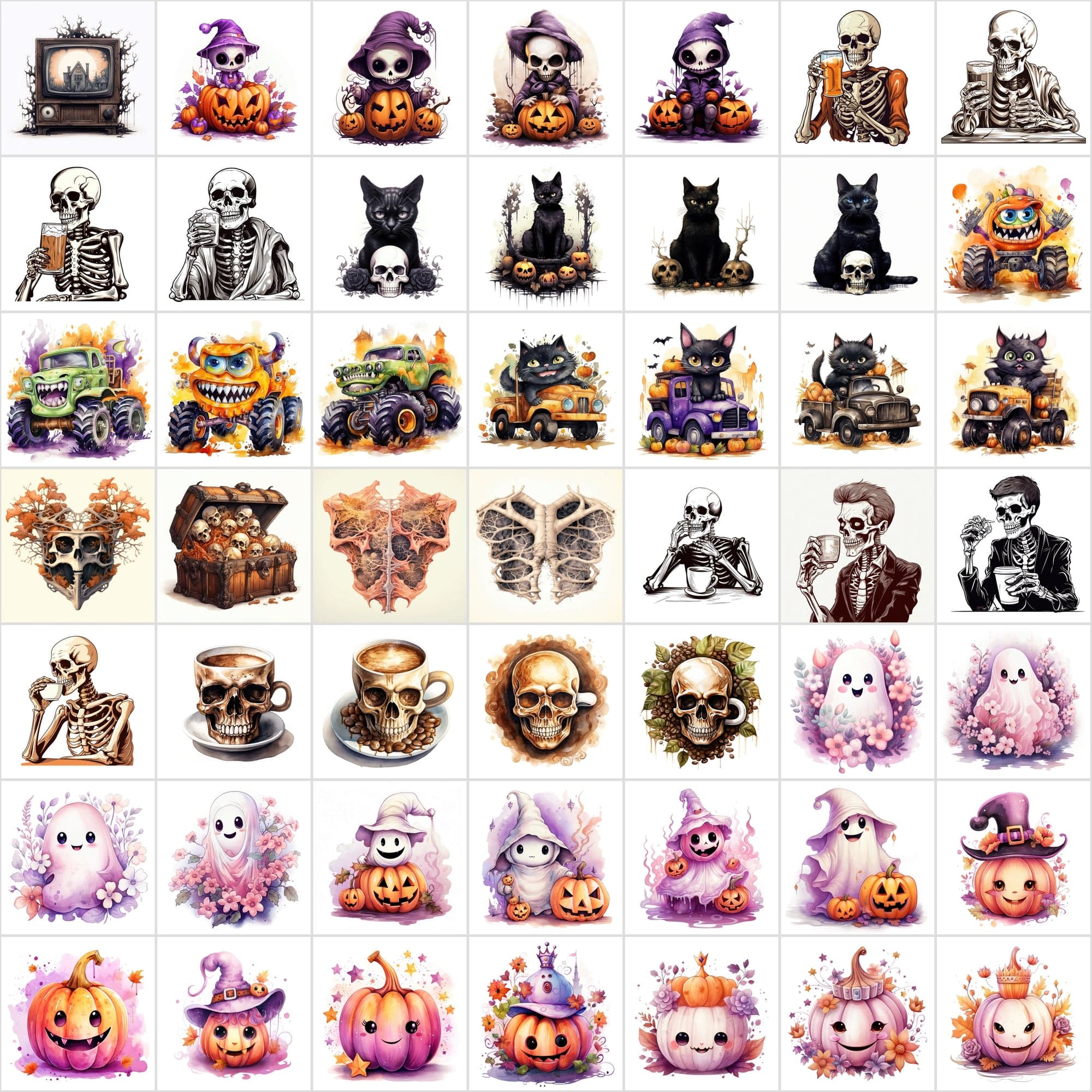 Premium Halloween & Cute Illustration Bundle - 424 PNGs in Transparent and White Backgrounds Digital Download Sumobundle