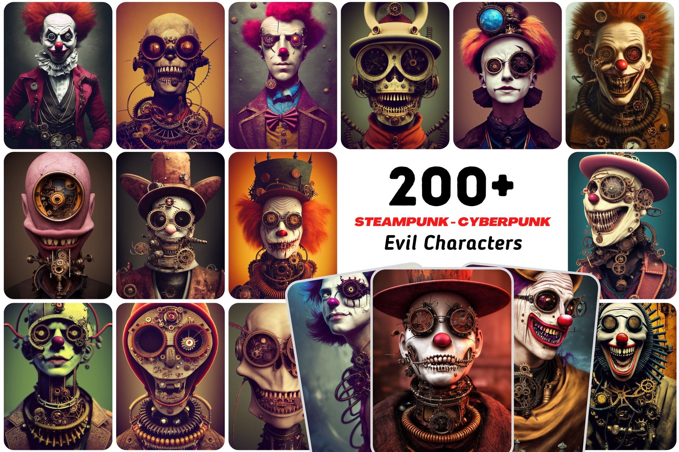Printable wall art: 200+ Steampunk characters with evil clowns and skulls. Printable Wall Art Set, Digital Download Digital Download Sumobundle