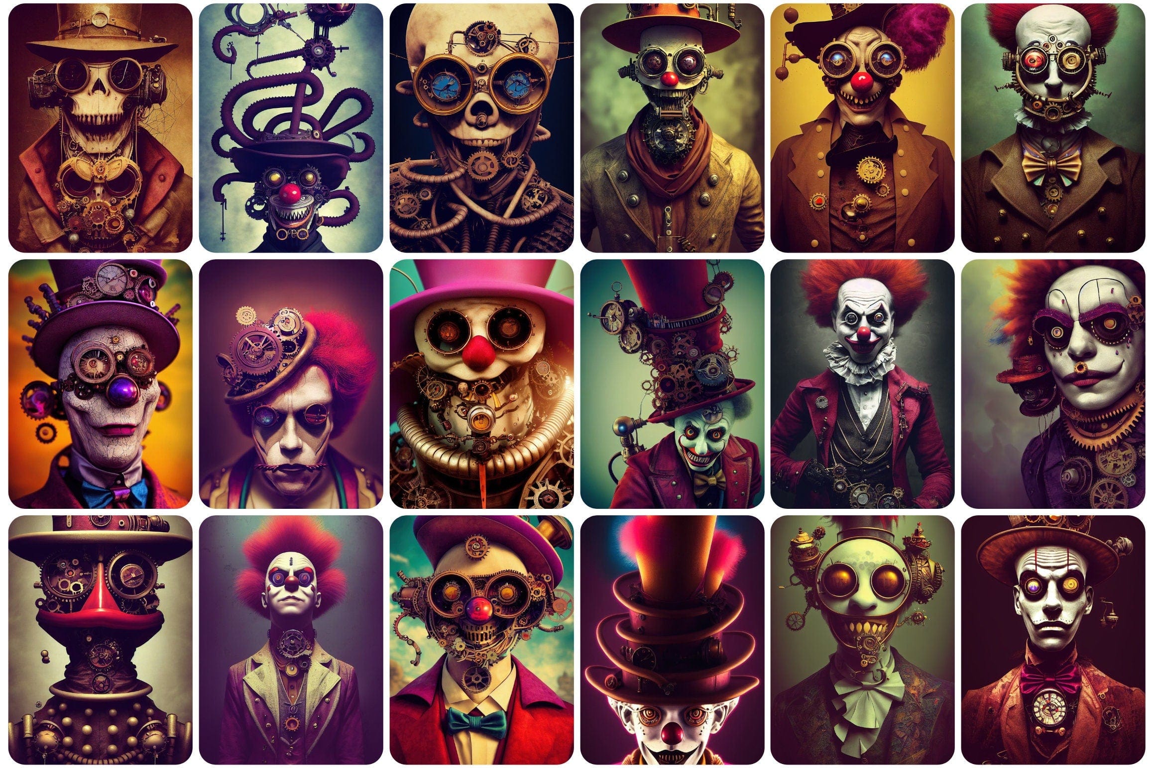 Printable wall art: 200+ Steampunk characters with evil clowns and skulls. Printable Wall Art Set, Digital Download Digital Download Sumobundle