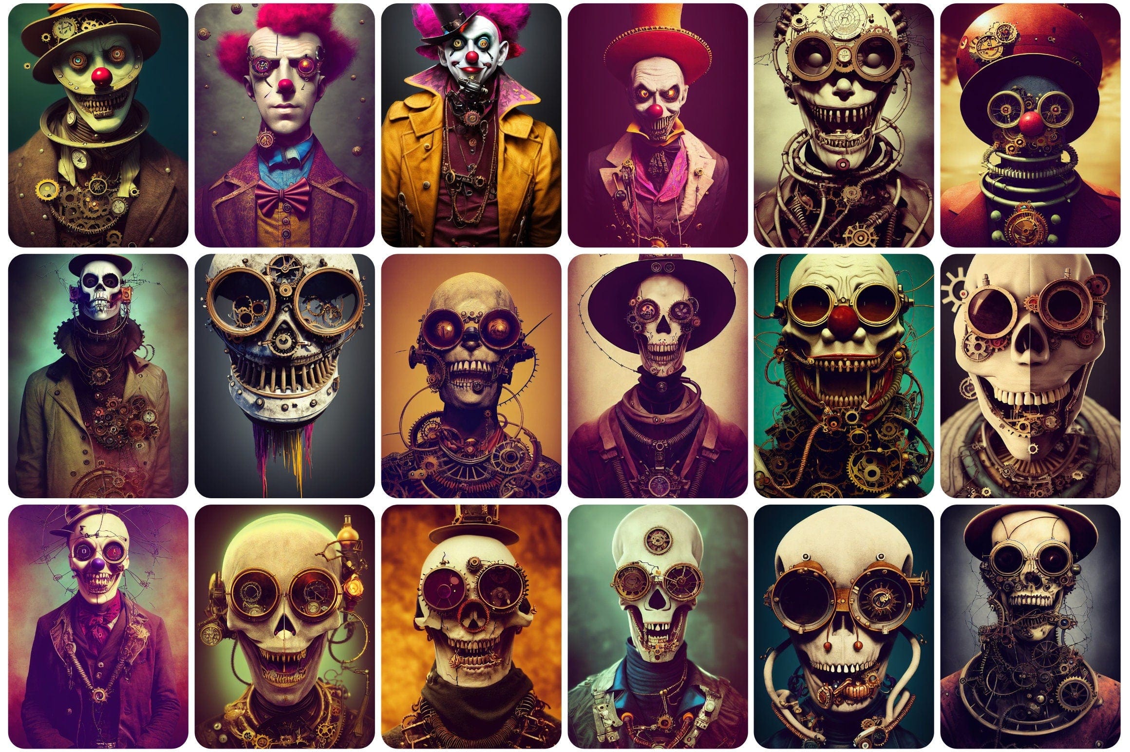 Printable wall art: 200+ Steampunk characters with evil clowns and skulls. Printable Wall Art Set, Digital Download Digital Download Sumobundle