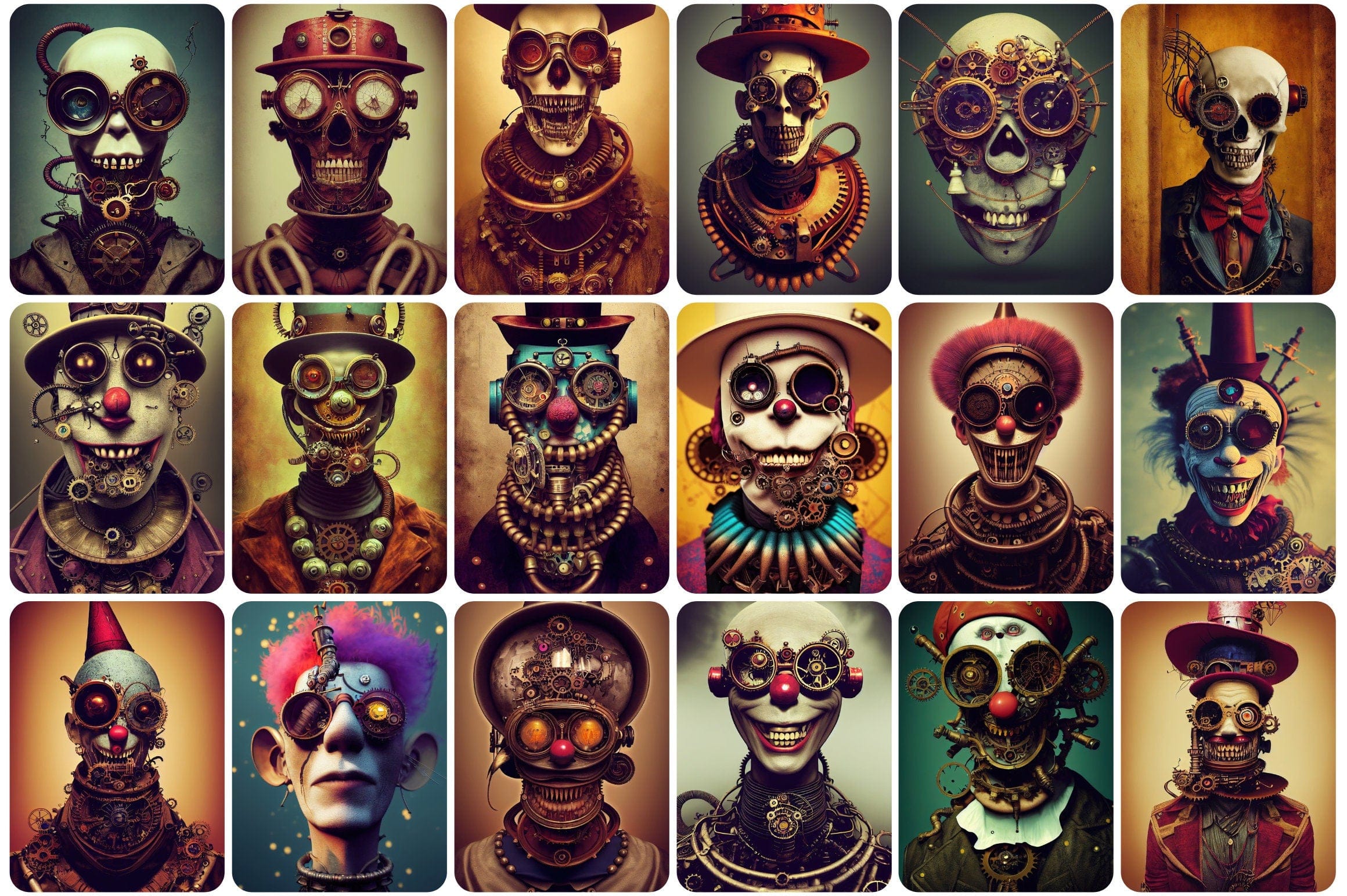 Printable wall art: 200+ Steampunk characters with evil clowns and skulls. Printable Wall Art Set, Digital Download Digital Download Sumobundle