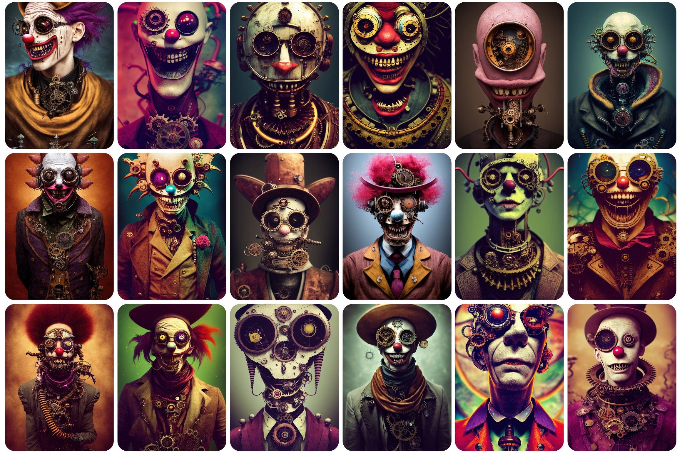 Printable wall art: 200+ Steampunk characters with evil clowns and skulls. Printable Wall Art Set, Digital Download Digital Download Sumobundle