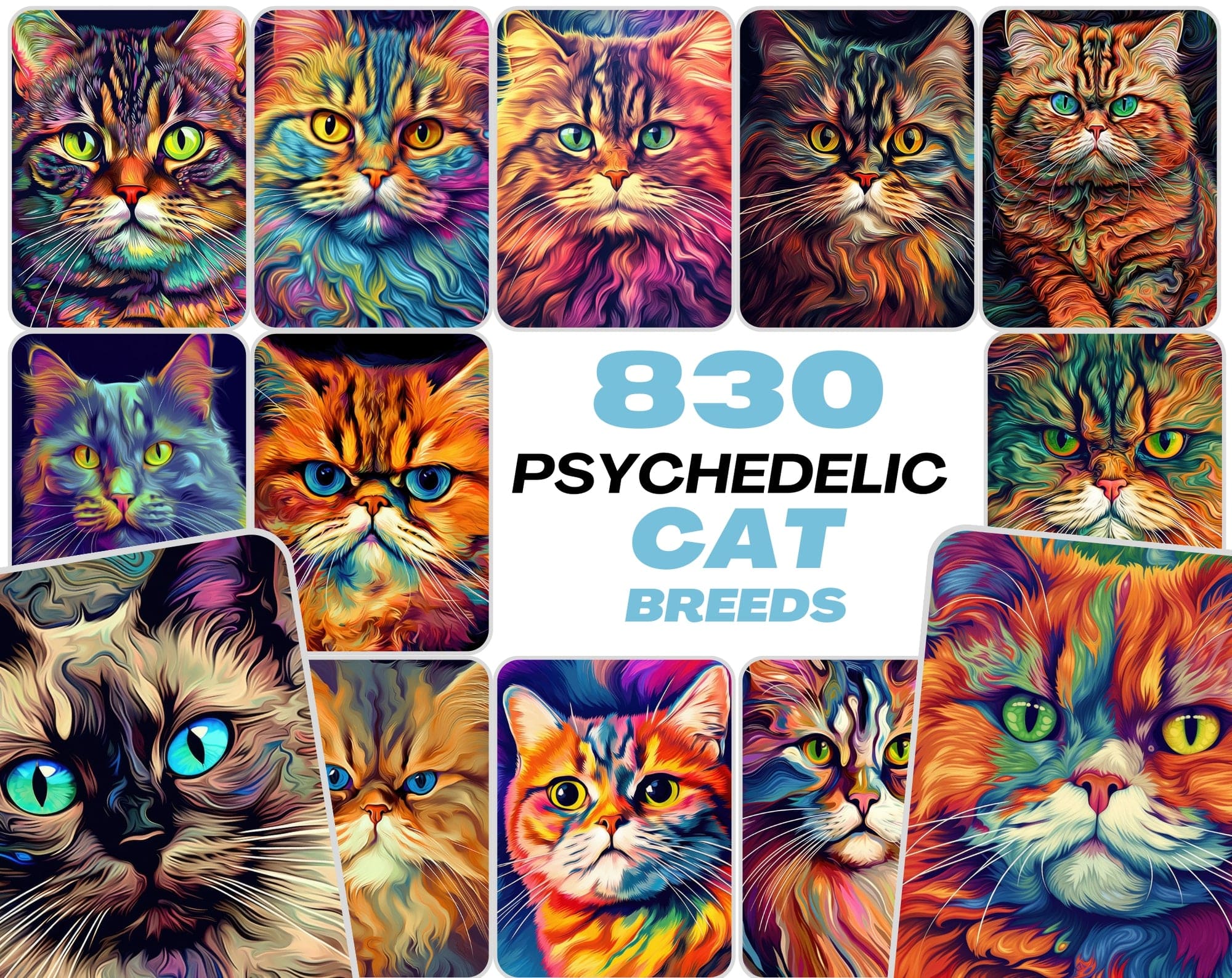 Psychedelic Cat Breed Images - 830 High-Resolution PNGs with Commercial License Digital Download Sumobundle