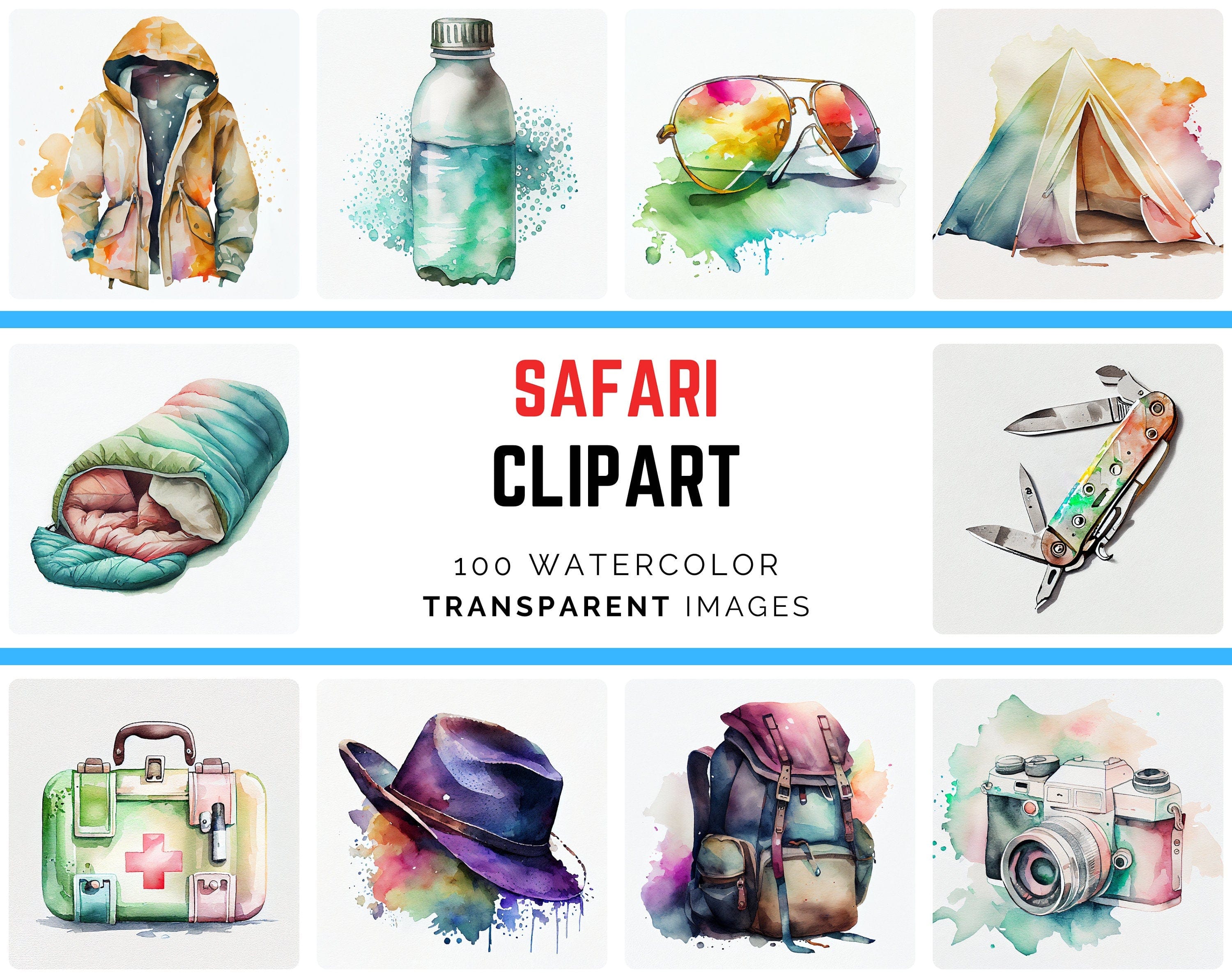 Safari Watercolor PNG Bundle - 100 Stunning Images of Jungle Graphics, Adventure Art, and African Safari Illustrations for Design Projects Digital Download Sumobundle