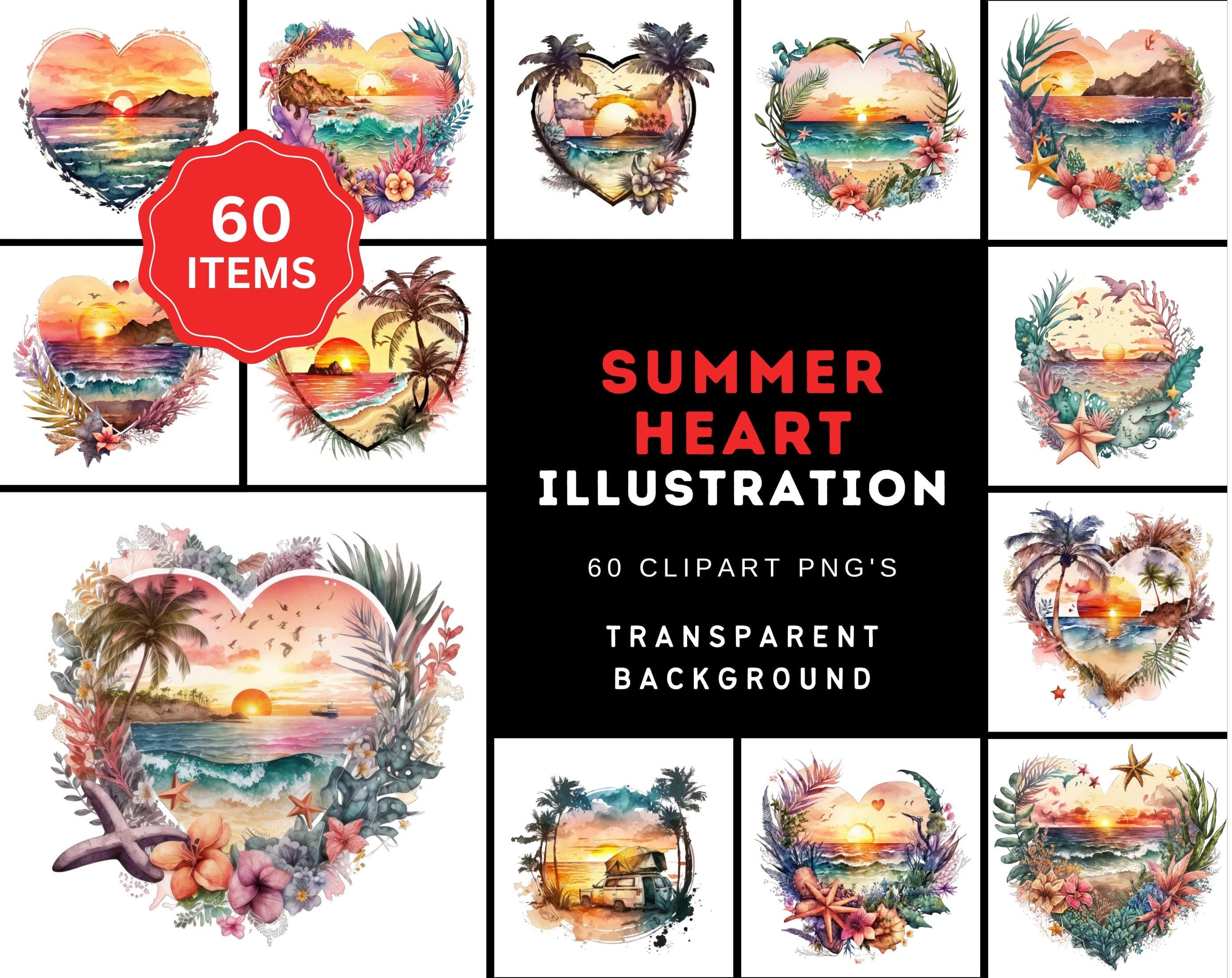Spread Summer Love with Our Bundle of 60 Heart-Shaped Watercolor Clipart PNG, Sunset Heart Watercolor Clipart, Perfect for Commercial Use. Digital Download Sumobundle