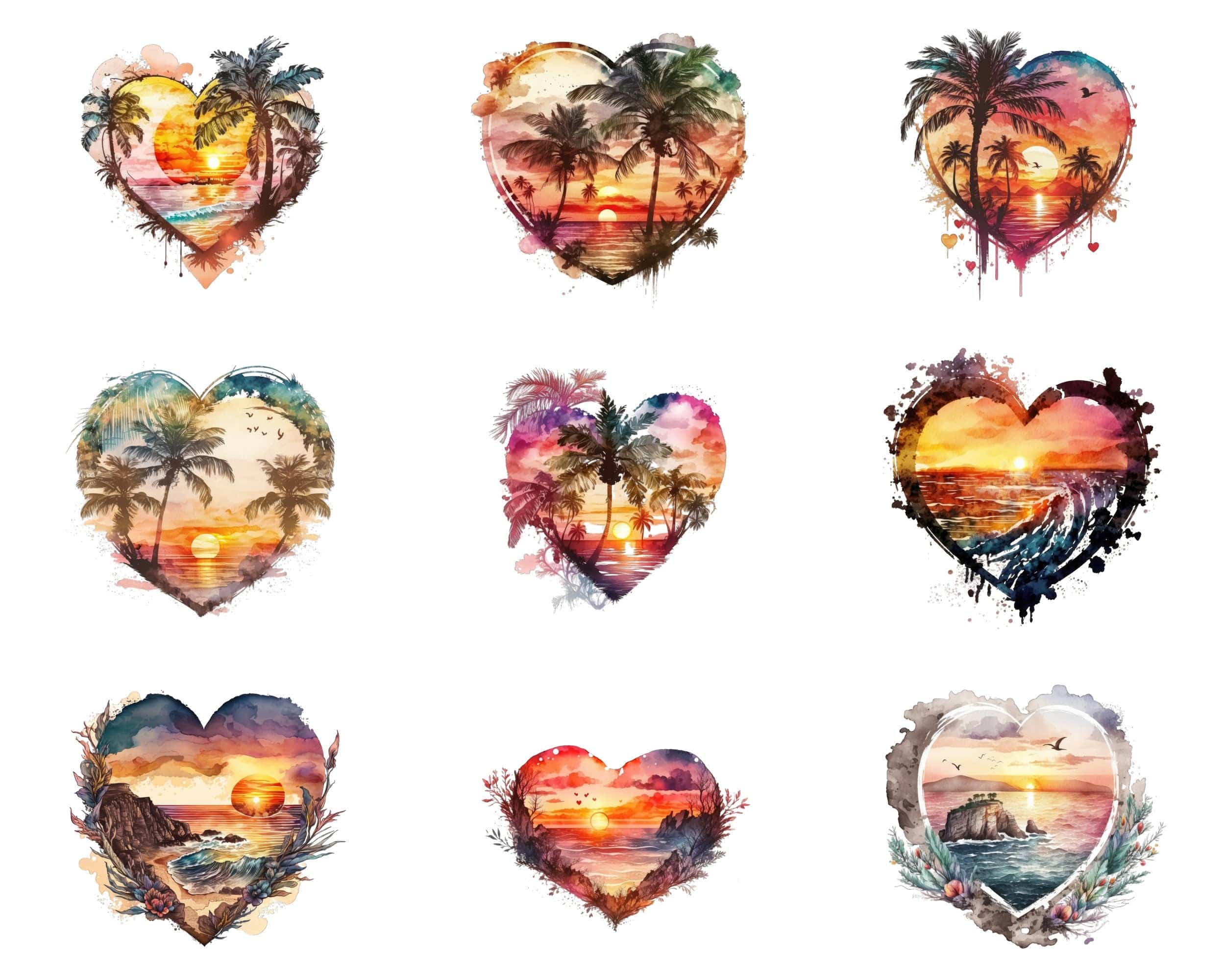 Spread Summer Love with Our Bundle of 60 Heart-Shaped Watercolor Clipart PNG, Sunset Heart Watercolor Clipart, Perfect for Commercial Use. Digital Download Sumobundle