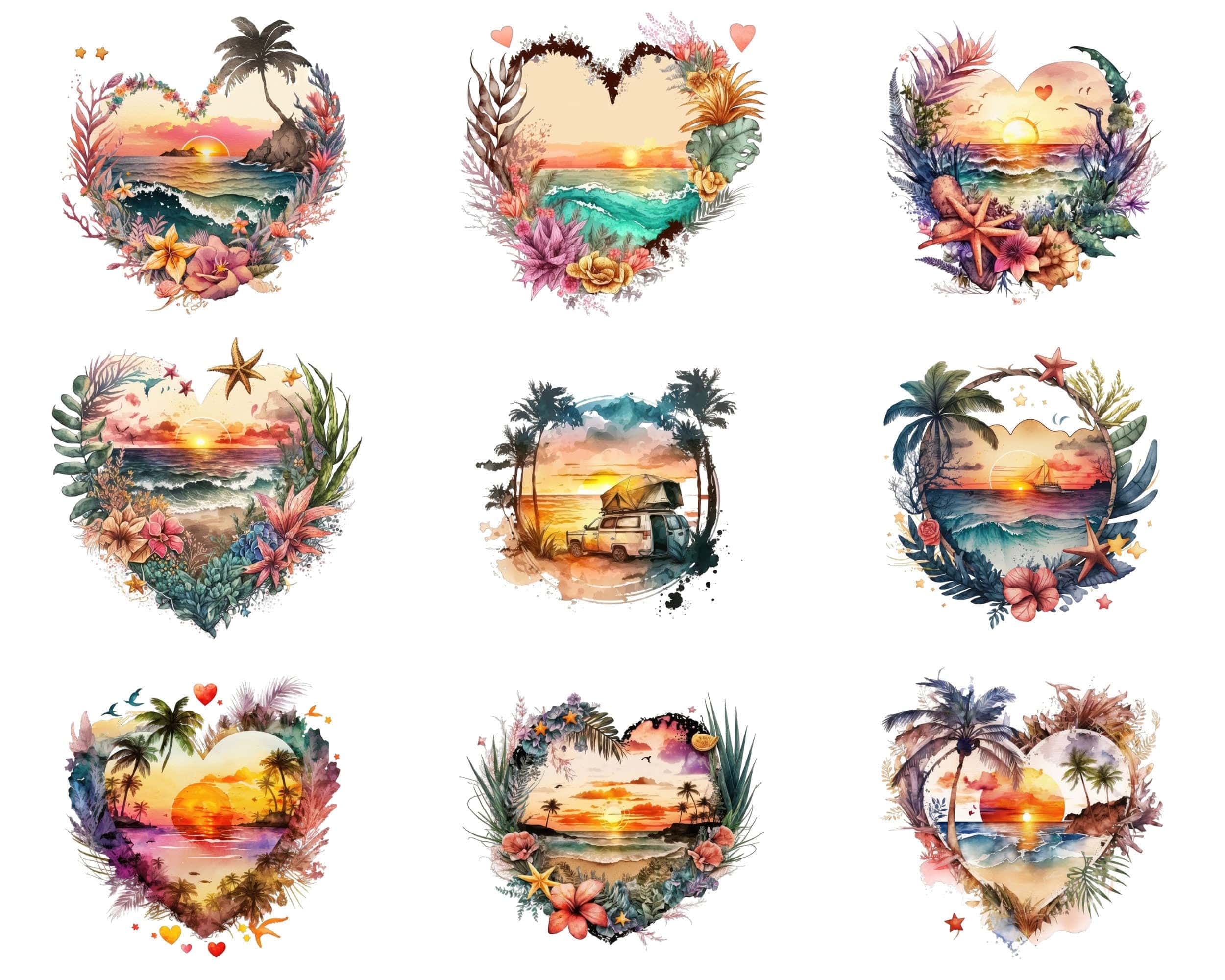Spread Summer Love with Our Bundle of 60 Heart-Shaped Watercolor Clipart PNG, Sunset Heart Watercolor Clipart, Perfect for Commercial Use. Digital Download Sumobundle