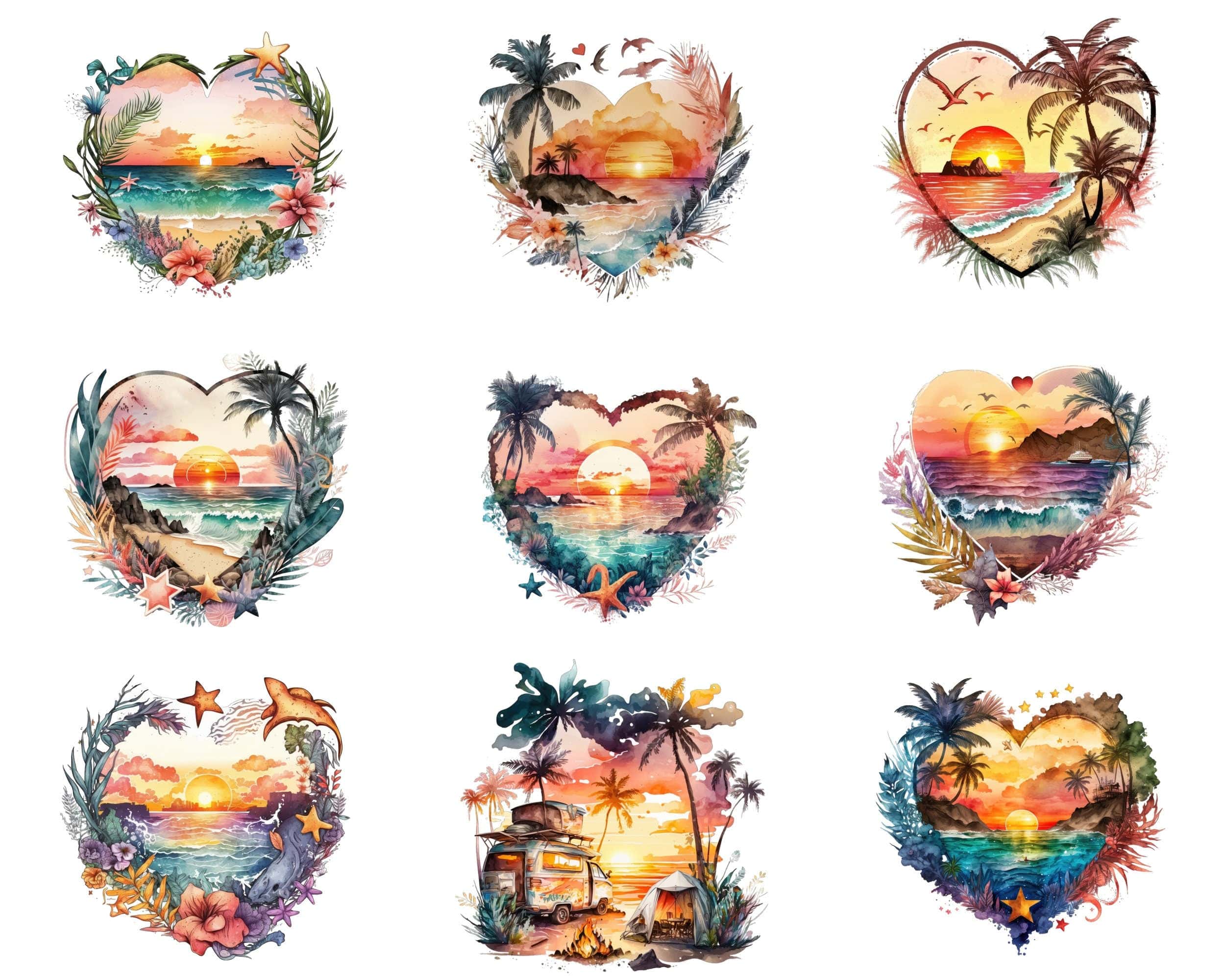 Spread Summer Love with Our Bundle of 60 Heart-Shaped Watercolor Clipart PNG, Sunset Heart Watercolor Clipart, Perfect for Commercial Use. Digital Download Sumobundle
