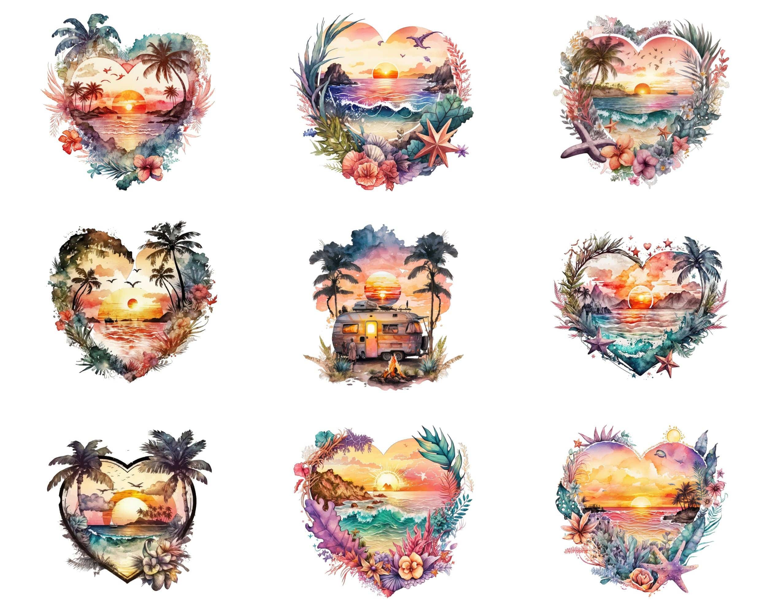Spread Summer Love with Our Bundle of 60 Heart-Shaped Watercolor Clipart PNG, Sunset Heart Watercolor Clipart, Perfect for Commercial Use. Digital Download Sumobundle