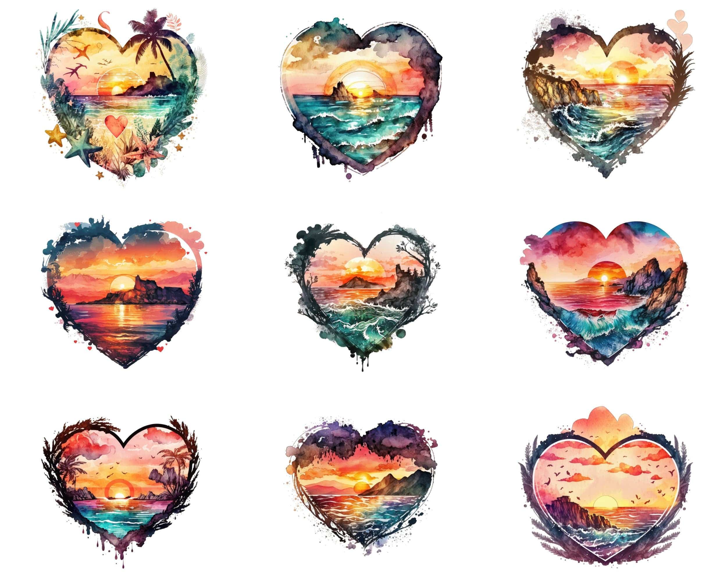 Spread Summer Love with Our Bundle of 60 Heart-Shaped Watercolor Clipart PNG, Sunset Heart Watercolor Clipart, Perfect for Commercial Use. Digital Download Sumobundle
