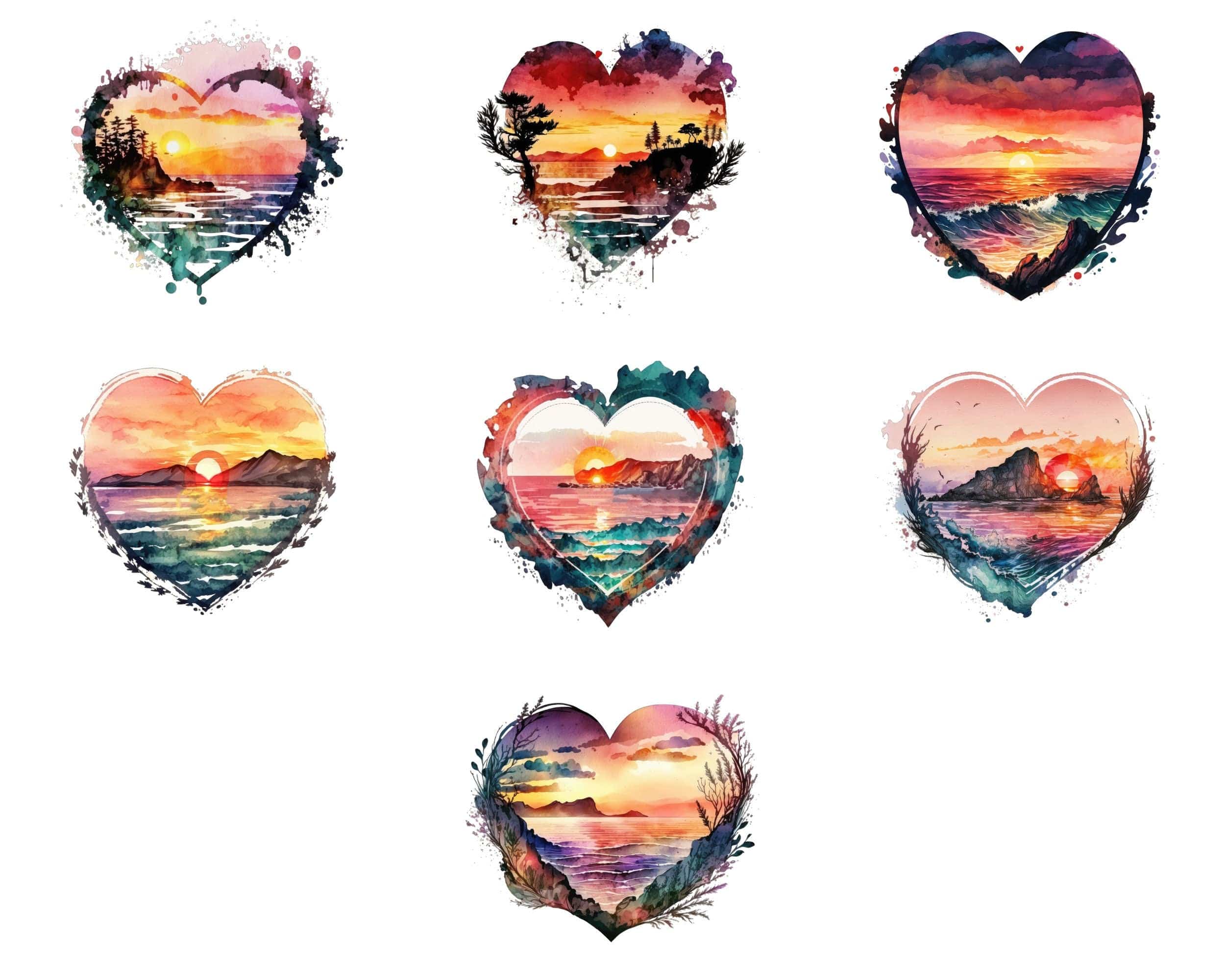Spread Summer Love with Our Bundle of 60 Heart-Shaped Watercolor Clipart PNG, Sunset Heart Watercolor Clipart, Perfect for Commercial Use. Digital Download Sumobundle