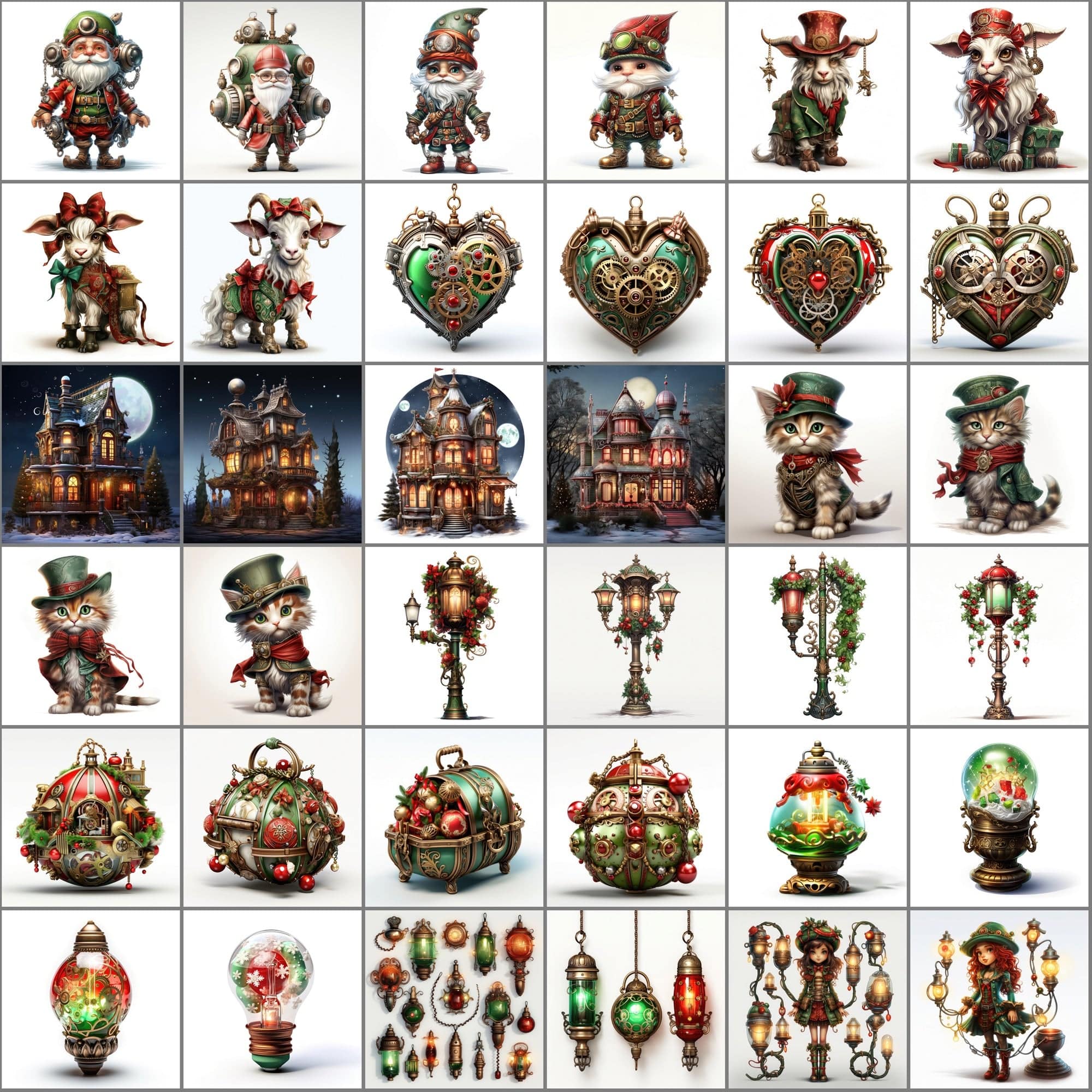 Steampunk Christmas Illustrations, Gothic Holiday Clipart, 280 JPG & 265 PNG Files with Commercial License, Vibrant Green & Red Digital Download Sumobundle