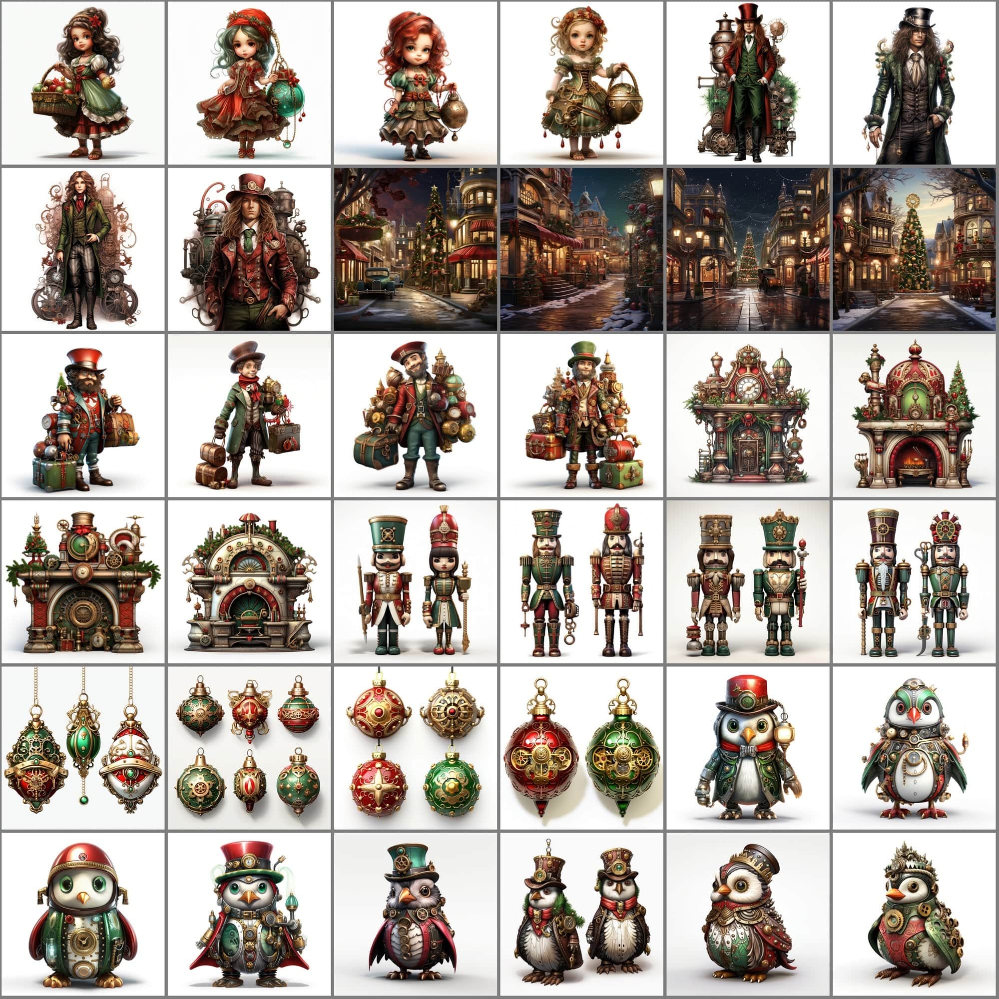 Steampunk Christmas Illustrations, Gothic Holiday Clipart, 280 JPG & 265 PNG Files with Commercial License, Vibrant Green & Red Digital Download Sumobundle