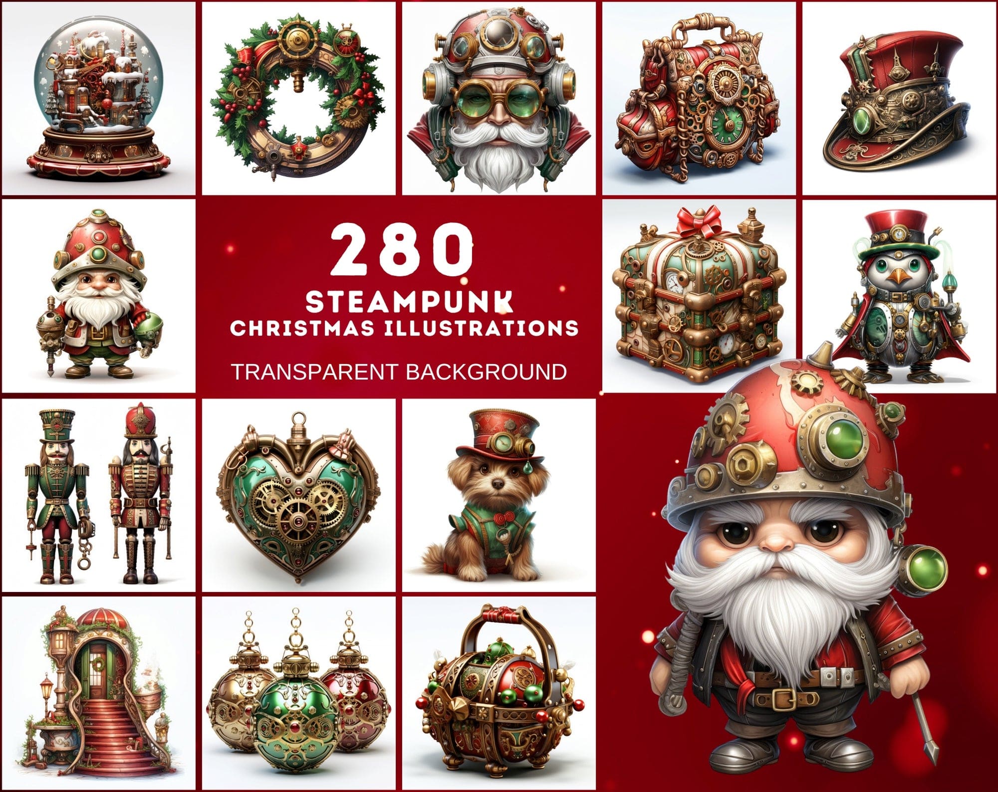 Steampunk Christmas Illustrations, Gothic Holiday Clipart, 280 JPG & 265 PNG Files with Commercial License, Vibrant Green & Red Digital Download Sumobundle
