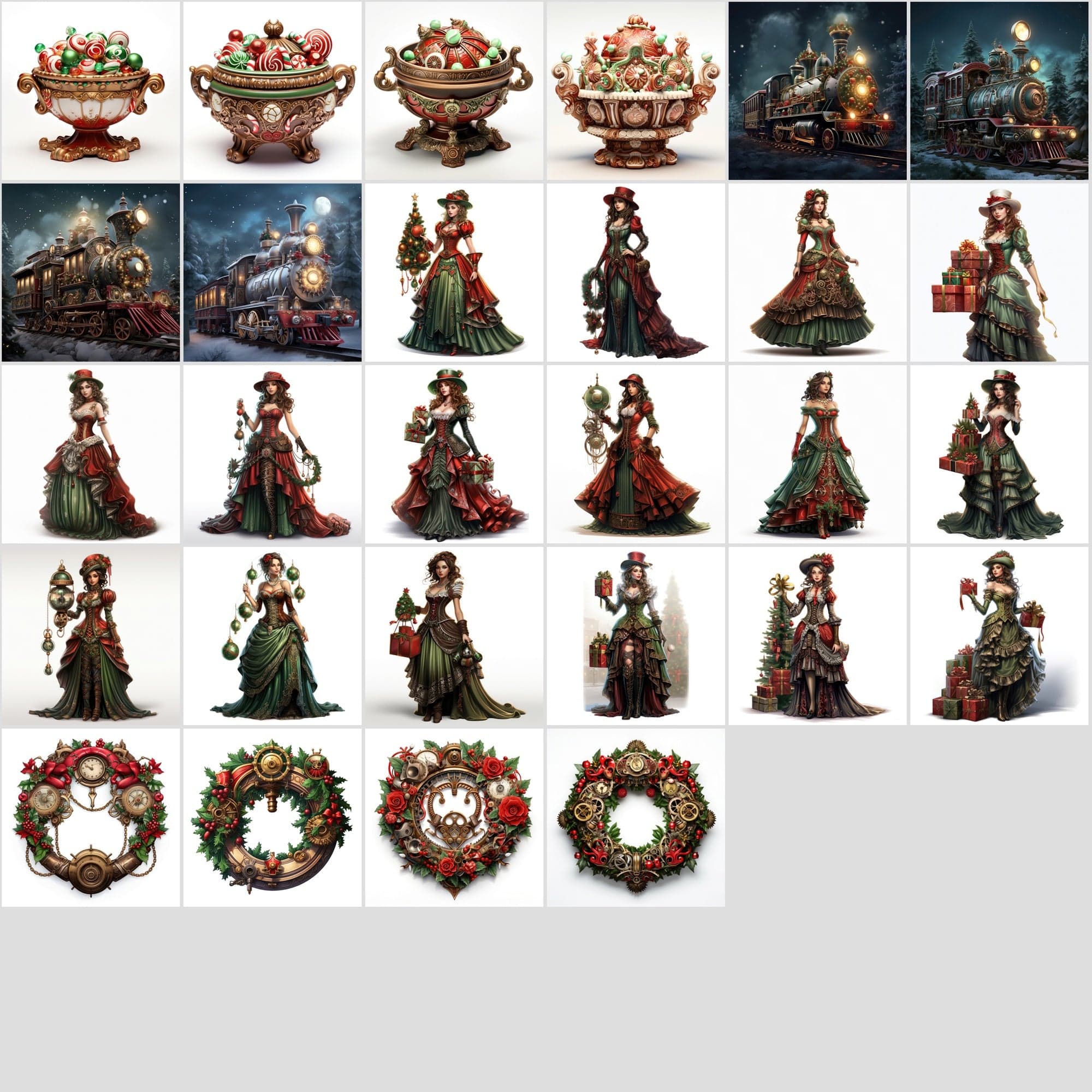 Steampunk Christmas Illustrations, Gothic Holiday Clipart, 280 JPG & 265 PNG Files with Commercial License, Vibrant Green & Red Digital Download Sumobundle