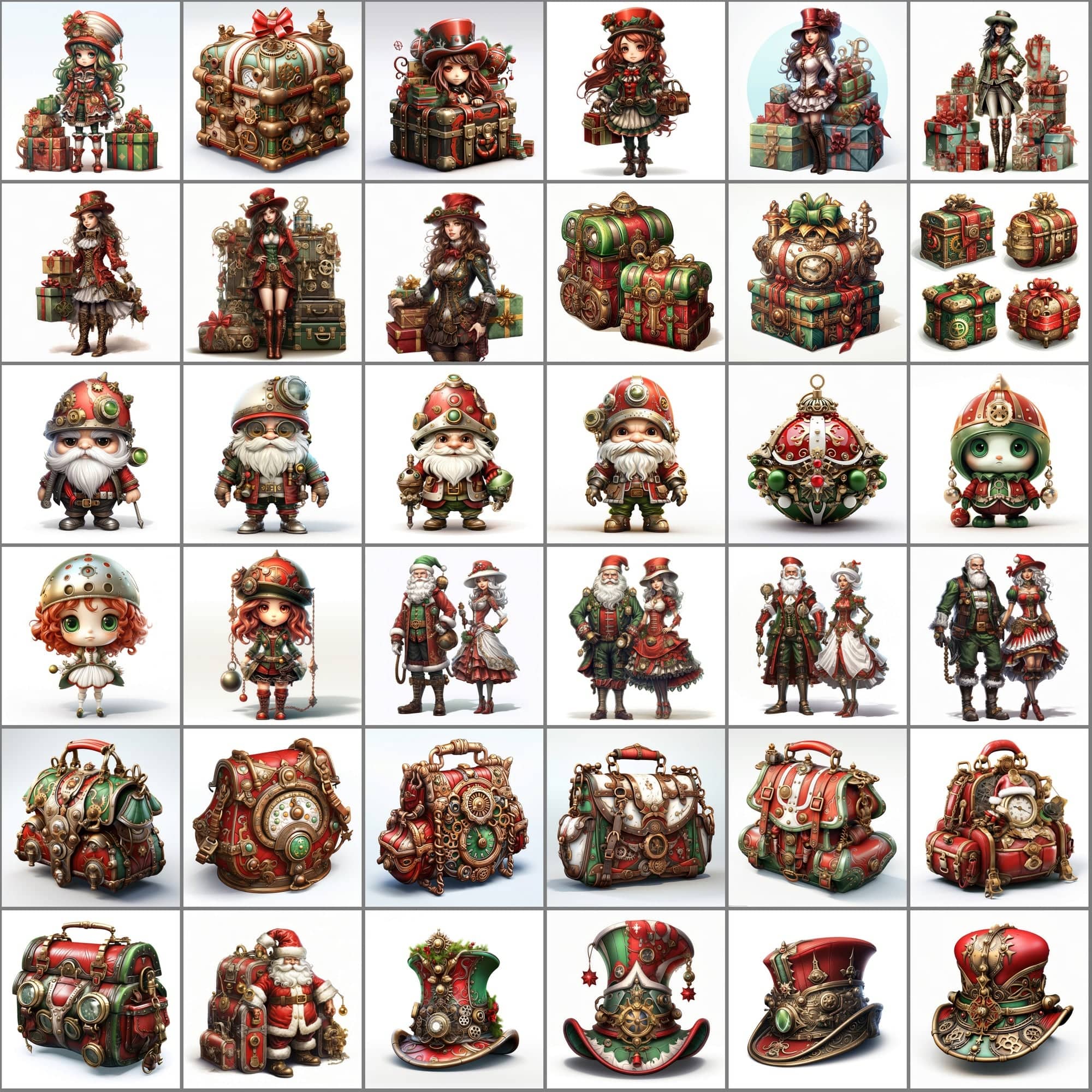 Steampunk Christmas Illustrations, Gothic Holiday Clipart, 280 JPG & 265 PNG Files with Commercial License, Vibrant Green & Red Digital Download Sumobundle