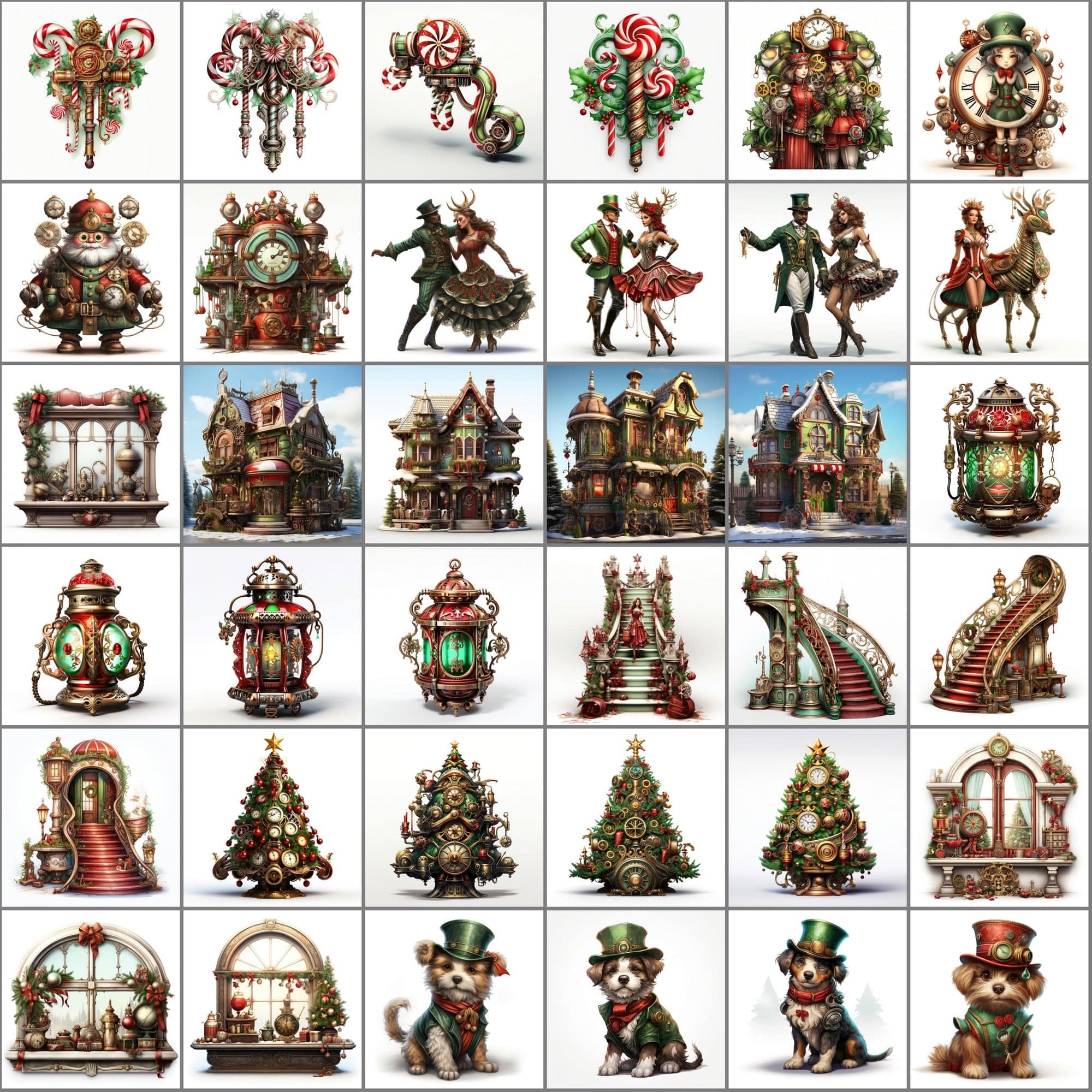Steampunk Christmas Illustrations, Gothic Holiday Clipart, 280 JPG & 265 PNG Files with Commercial License, Vibrant Green & Red Digital Download Sumobundle