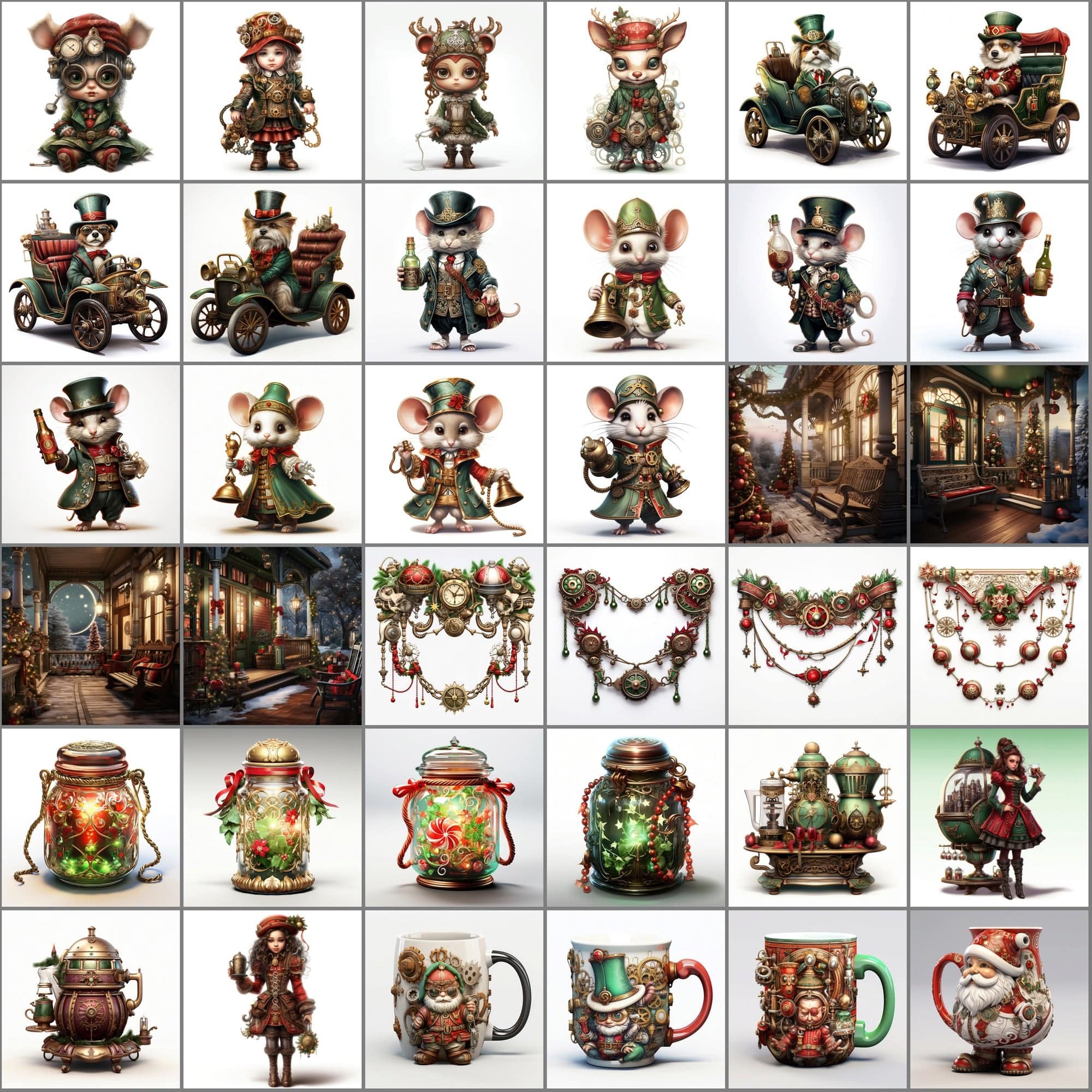 Steampunk Christmas Illustrations, Gothic Holiday Clipart, 280 JPG & 265 PNG Files with Commercial License, Vibrant Green & Red Digital Download Sumobundle