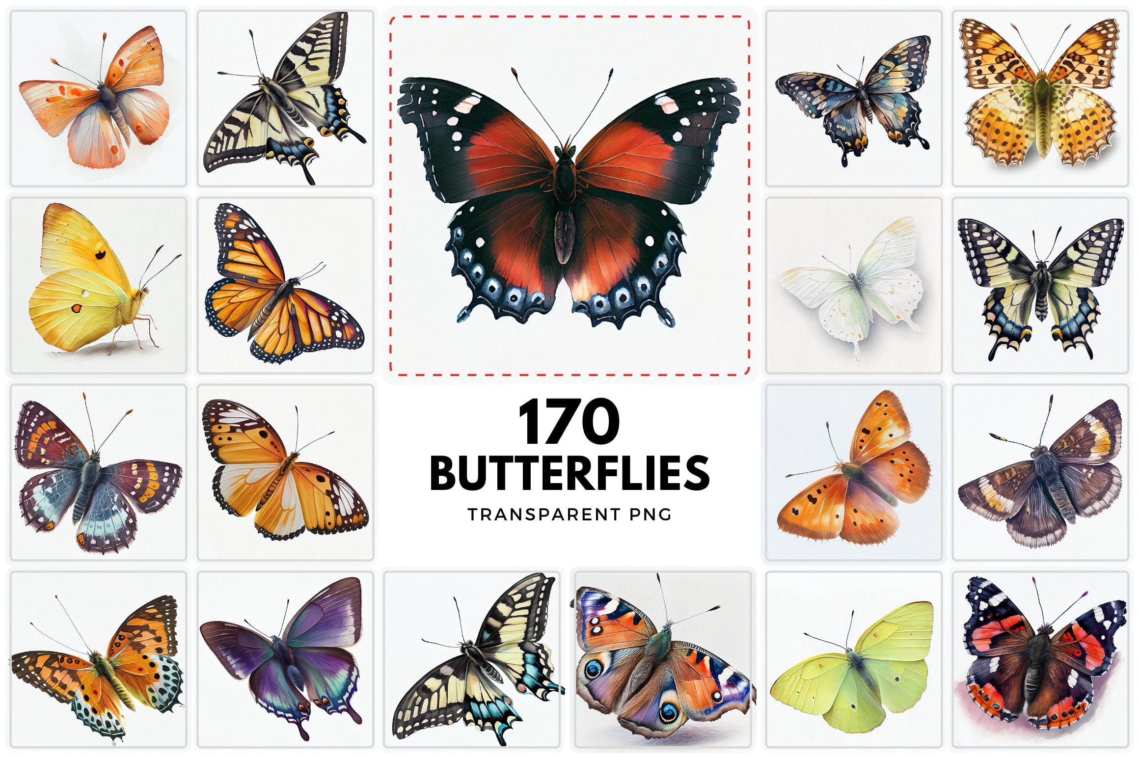 Stunning Watercolor Butterflies Clipart Bundle - 170 High-Res PNG Images with Transparent Backgrounds Digital Download Sumobundle