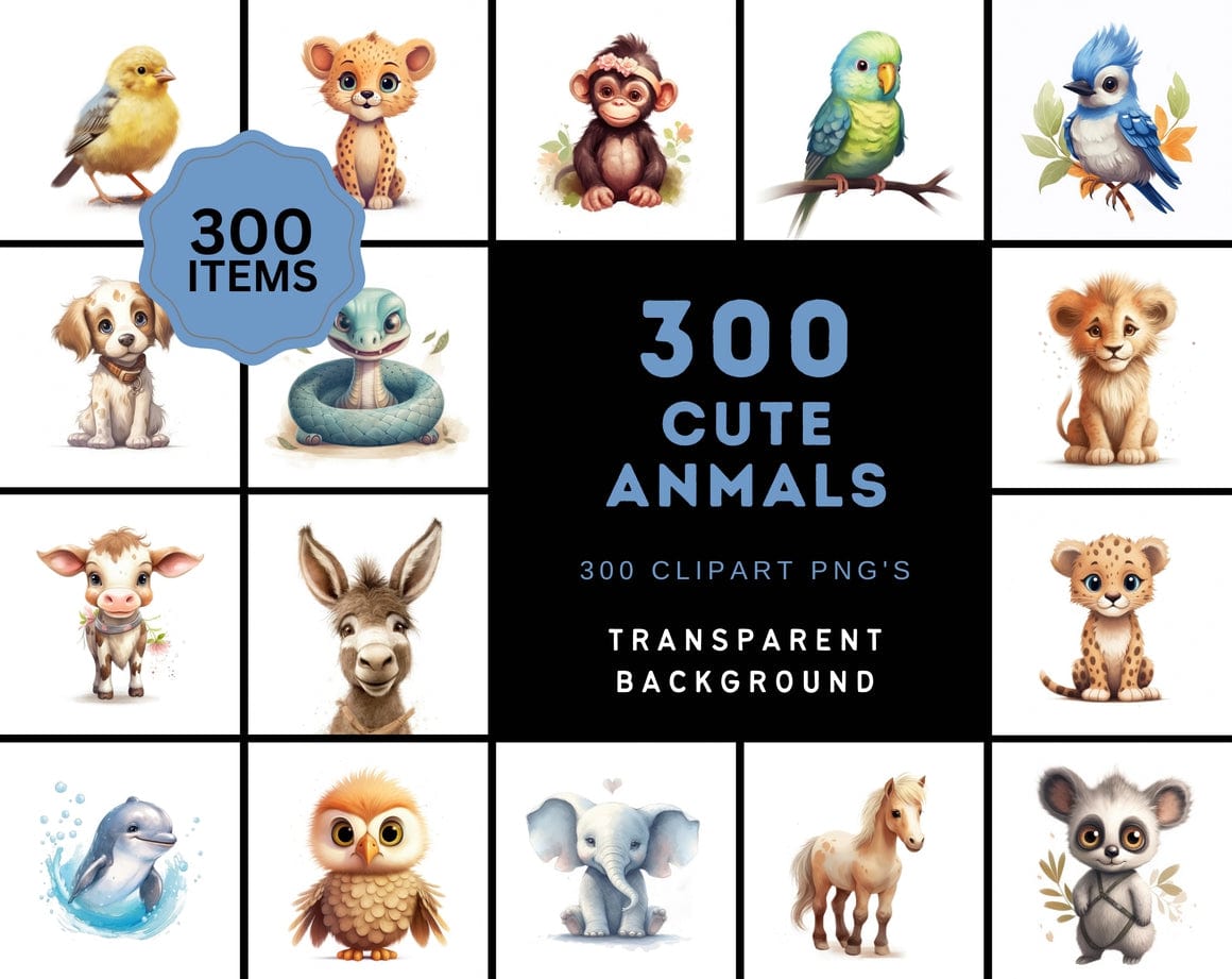 Transparent PNG Cute Animal Illustrations with Commercial License - 300 Unique Images Digital Download Sumobundle