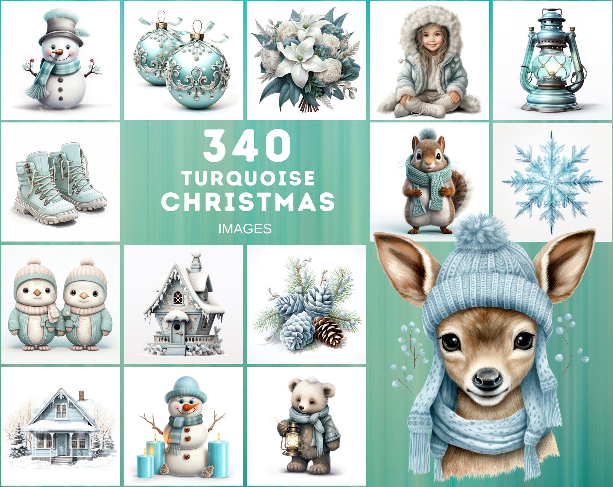 Turquoise Christmas Images: 340 PNG Image Bundle with Commercial License Digital Download Sumobundle