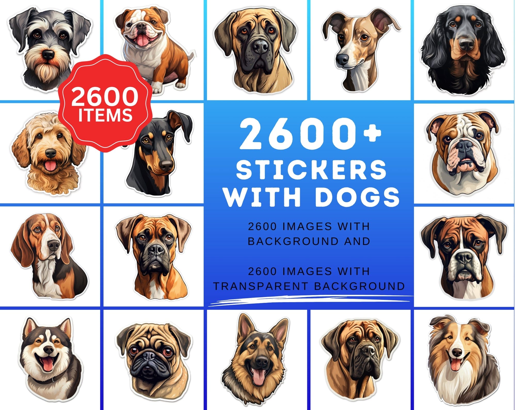 Ultimate Dog Breed Stickers Bundle - 2600 PNG Images with & without Backgrounds - Commercial Use Digital Download Sumobundle