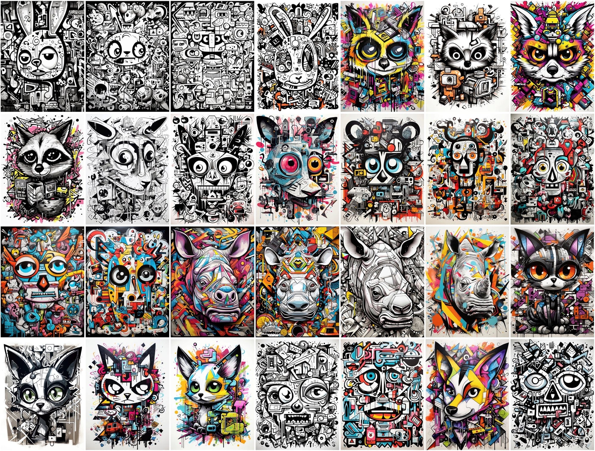 Unique Graffiti Doodle Animal Prints: High-Resolution Images for Commercial Use Digital Download Sumobundle