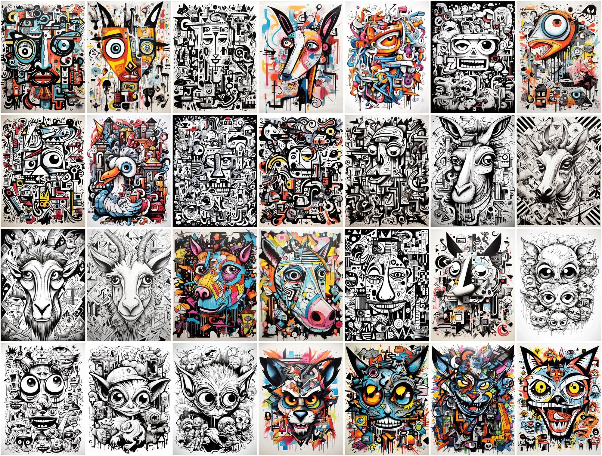 Unique Graffiti Doodle Animal Prints: High-Resolution Images for Commercial Use Digital Download Sumobundle