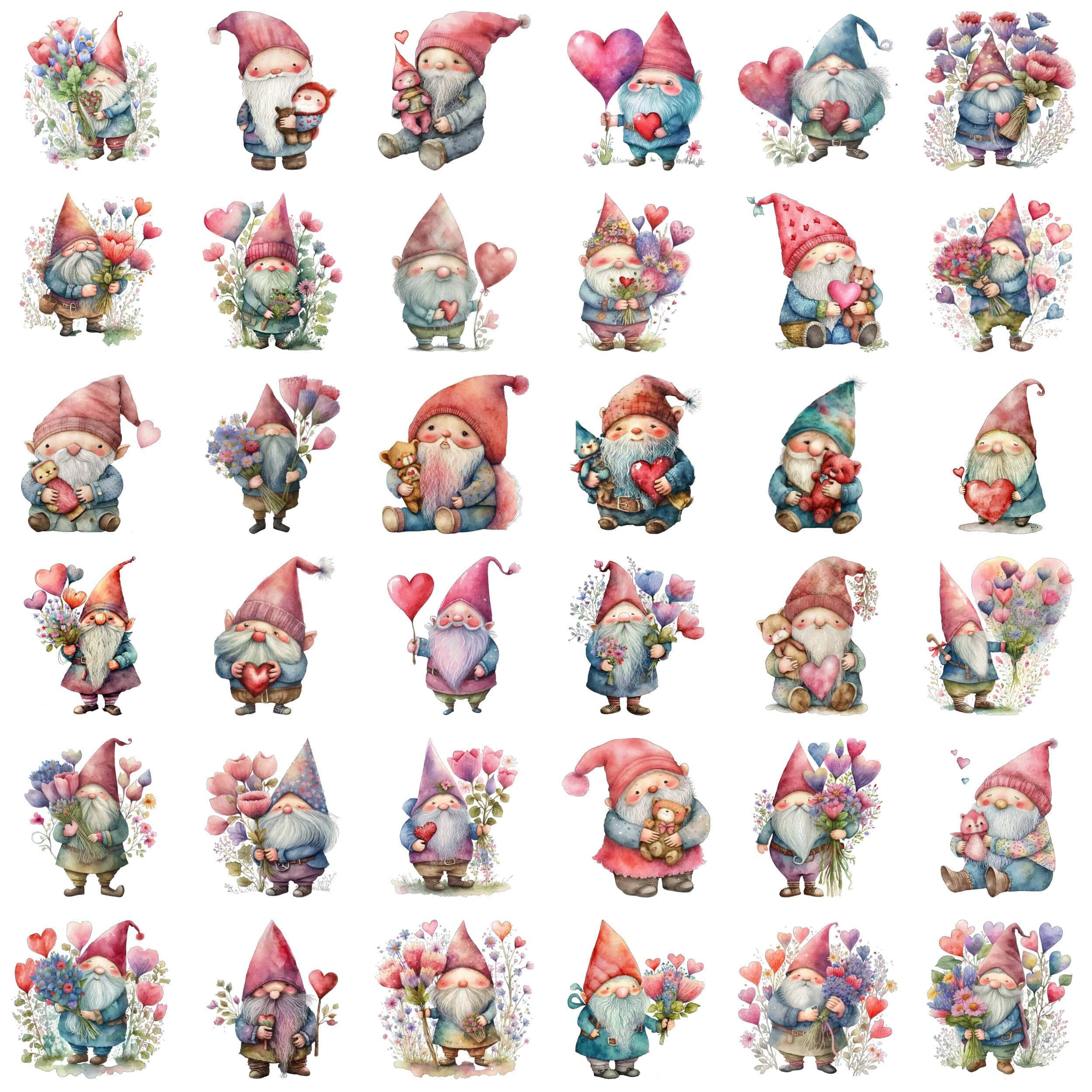 Valentine's Day Gnome Watercolor Clipart Bundle PNG for Her, Digital Download for Cards & Gifts, Watercolor Valentine Gnome Digital Download Sumobundle