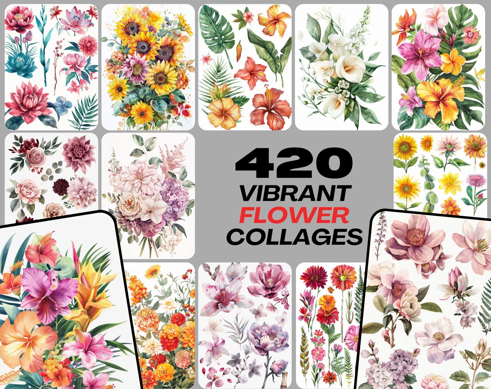 Vibrant Flower Collage Images Bundle - 420 JPG Files, High-Resolution Floral Digital Art with Commercial License Digital Download Sumobundle