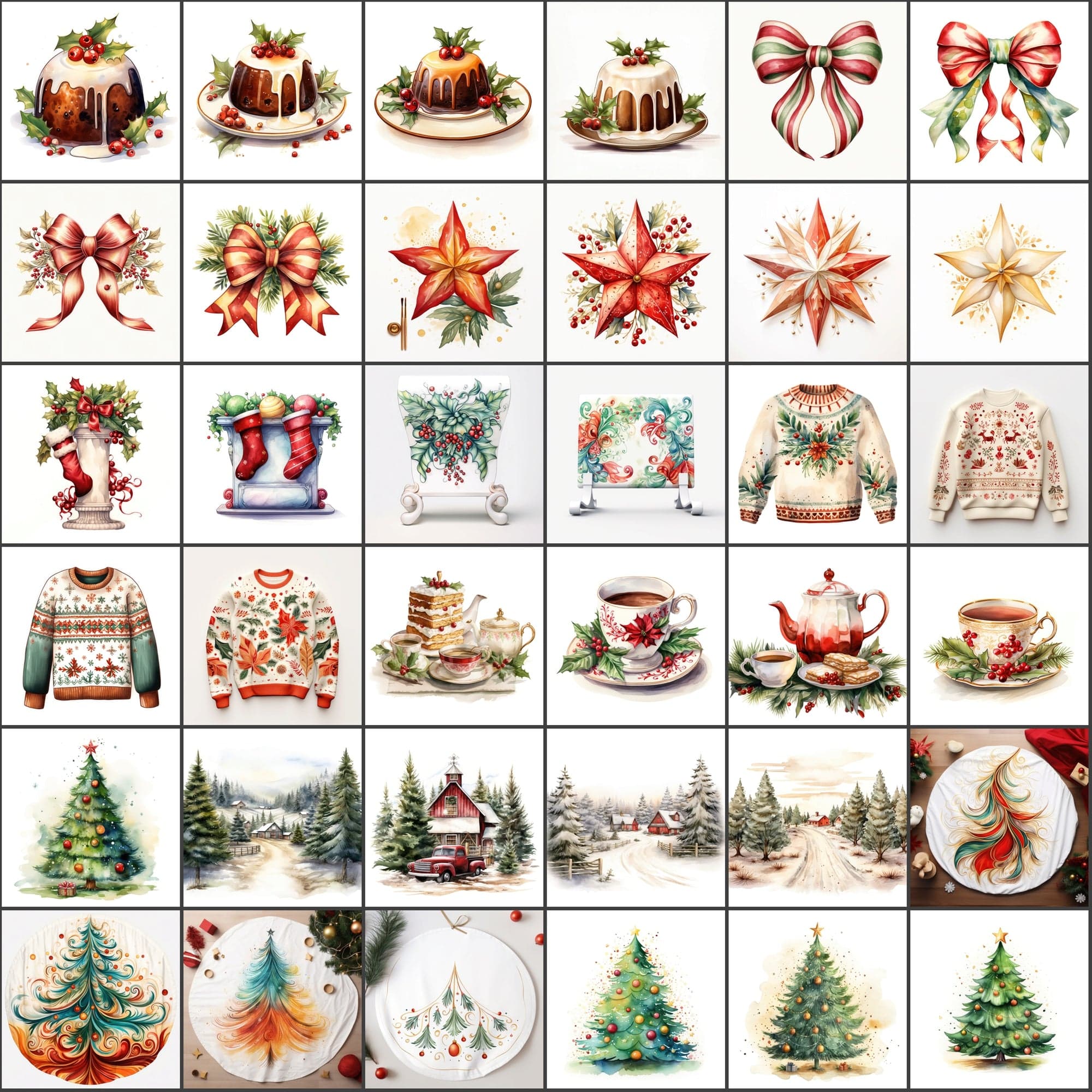 Vibrant Watercolor Christmas Illustrations! Christmas Tree, Santa Claus, Snowflakes, and More! Digital Download Sumobundle
