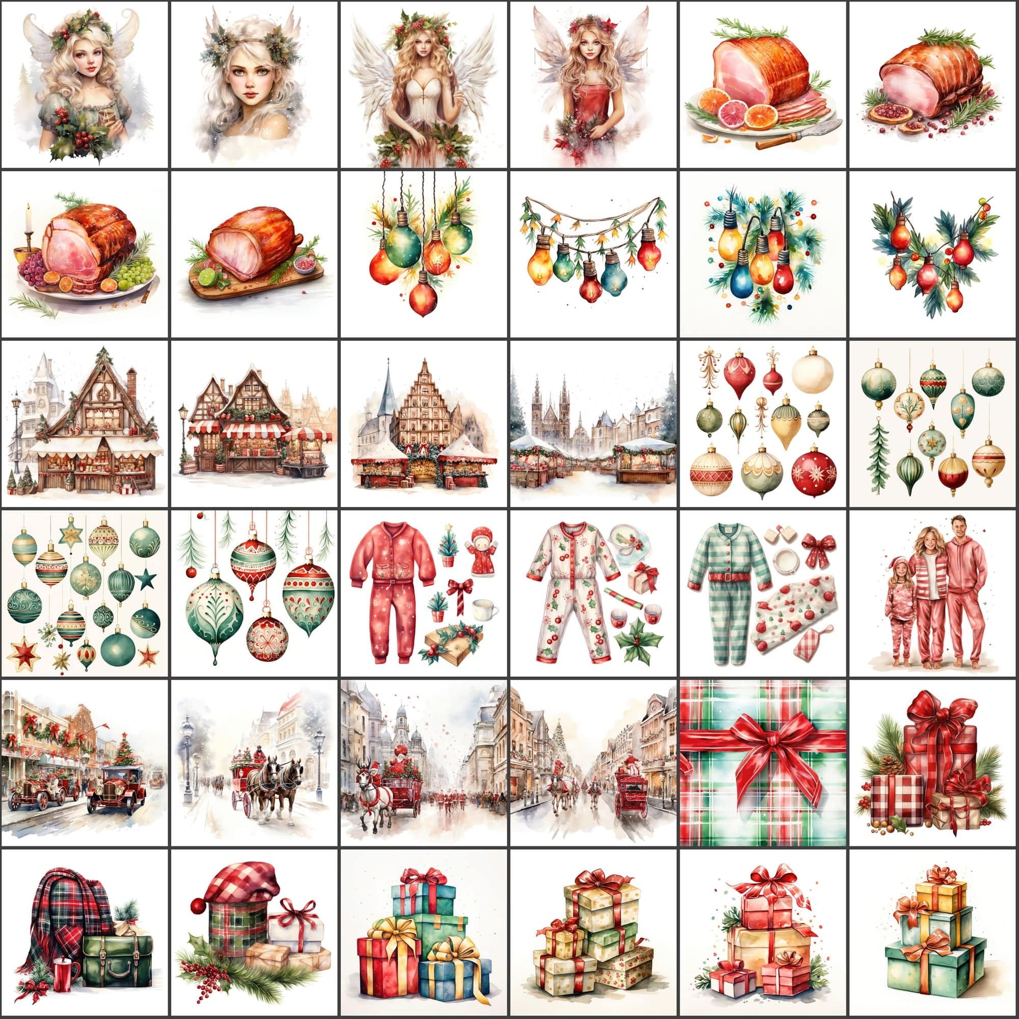 Vibrant Watercolor Christmas Illustrations! Christmas Tree, Santa Claus, Snowflakes, and More! Digital Download Sumobundle