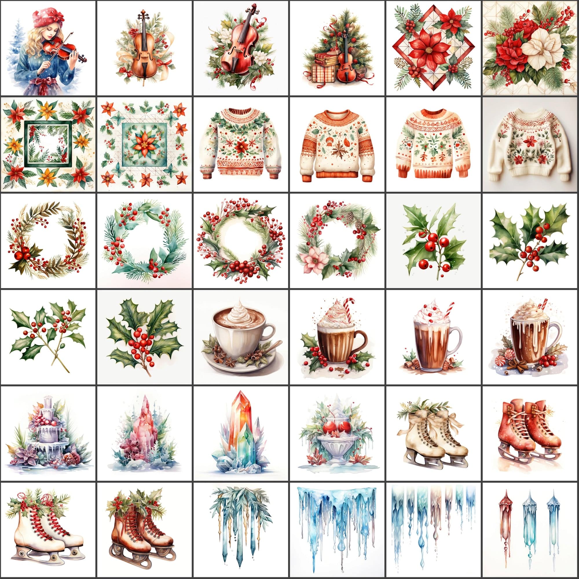 Vibrant Watercolor Christmas Illustrations! Christmas Tree, Santa Claus, Snowflakes, and More! Digital Download Sumobundle