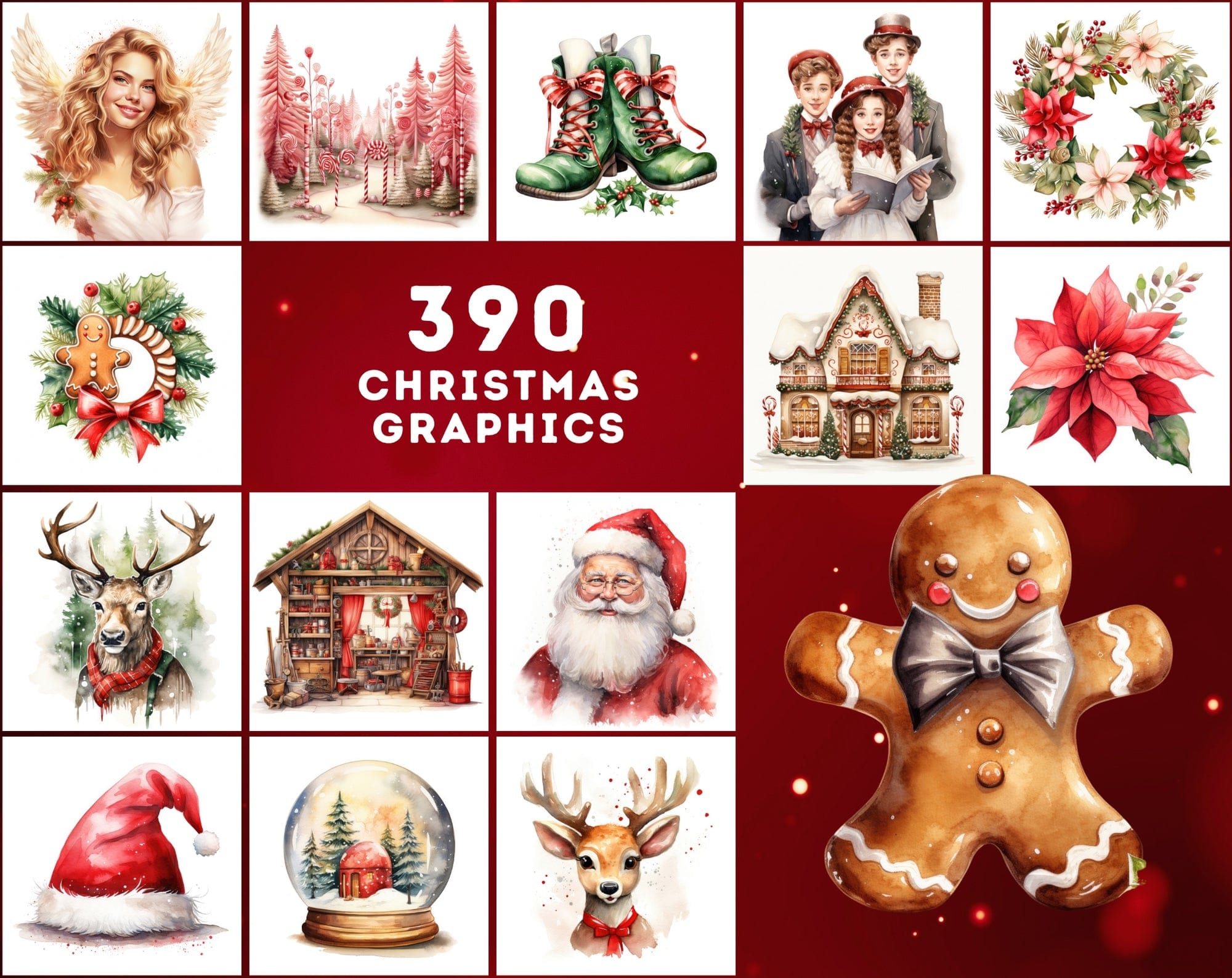 Vibrant Watercolor Christmas Illustrations! Christmas Tree, Santa Claus, Snowflakes, and More! Digital Download Sumobundle