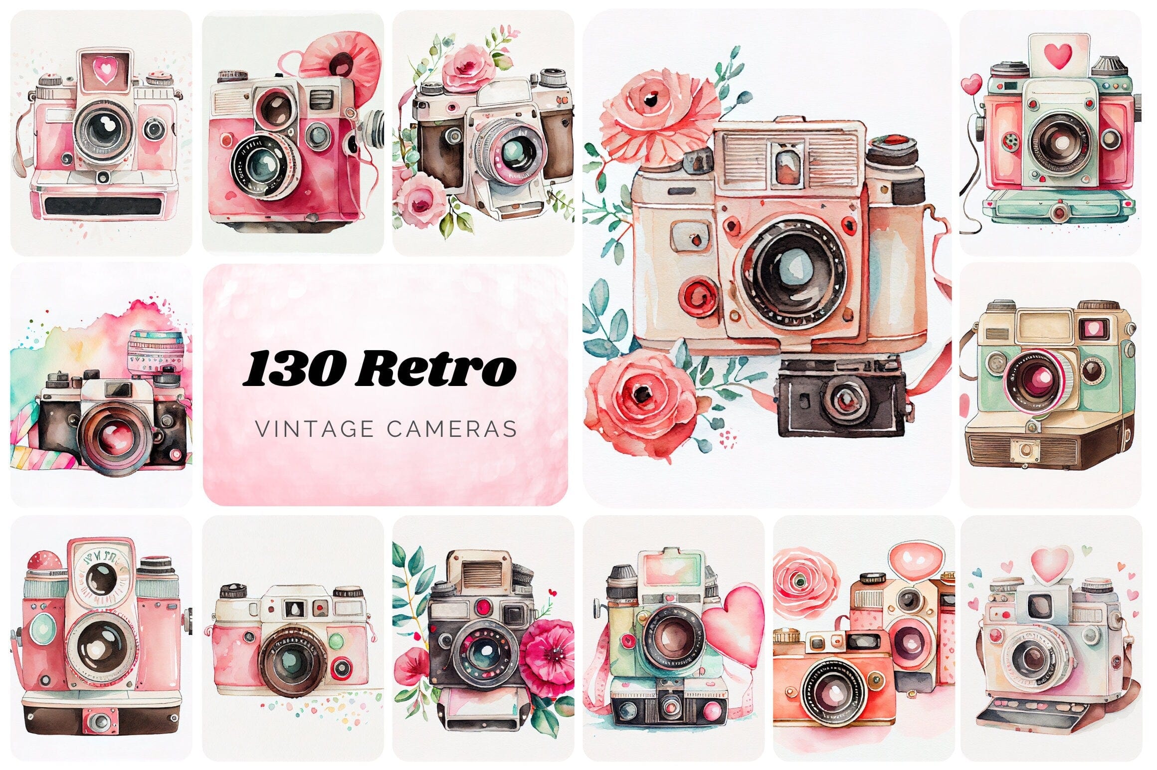 Vintage Camera Love: A Valentine's Day Clipart Collection with Retro Cameras and Watercolor Florals - Retro Vintage Watercolor Cameras Digital Download Sumobundle