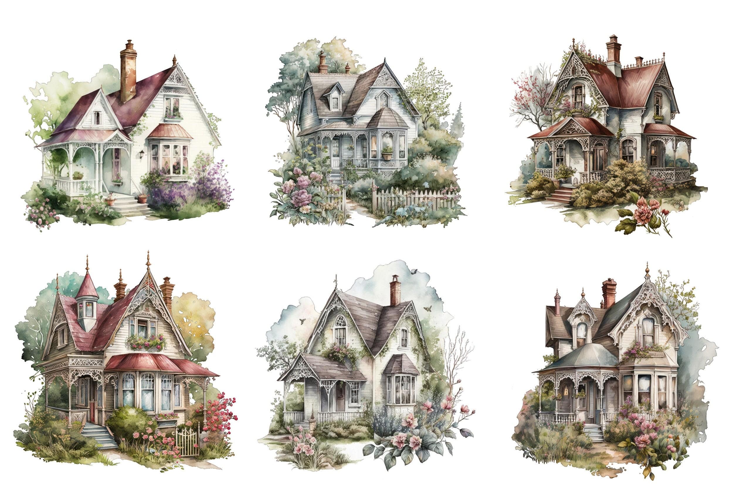 Vintage Victorian Cottage House Illustrations - 50 Transparent PNG Images for DIY Crafting and Home Decor, Commercial use, Graphic Bundle Digital Download Sumobundle