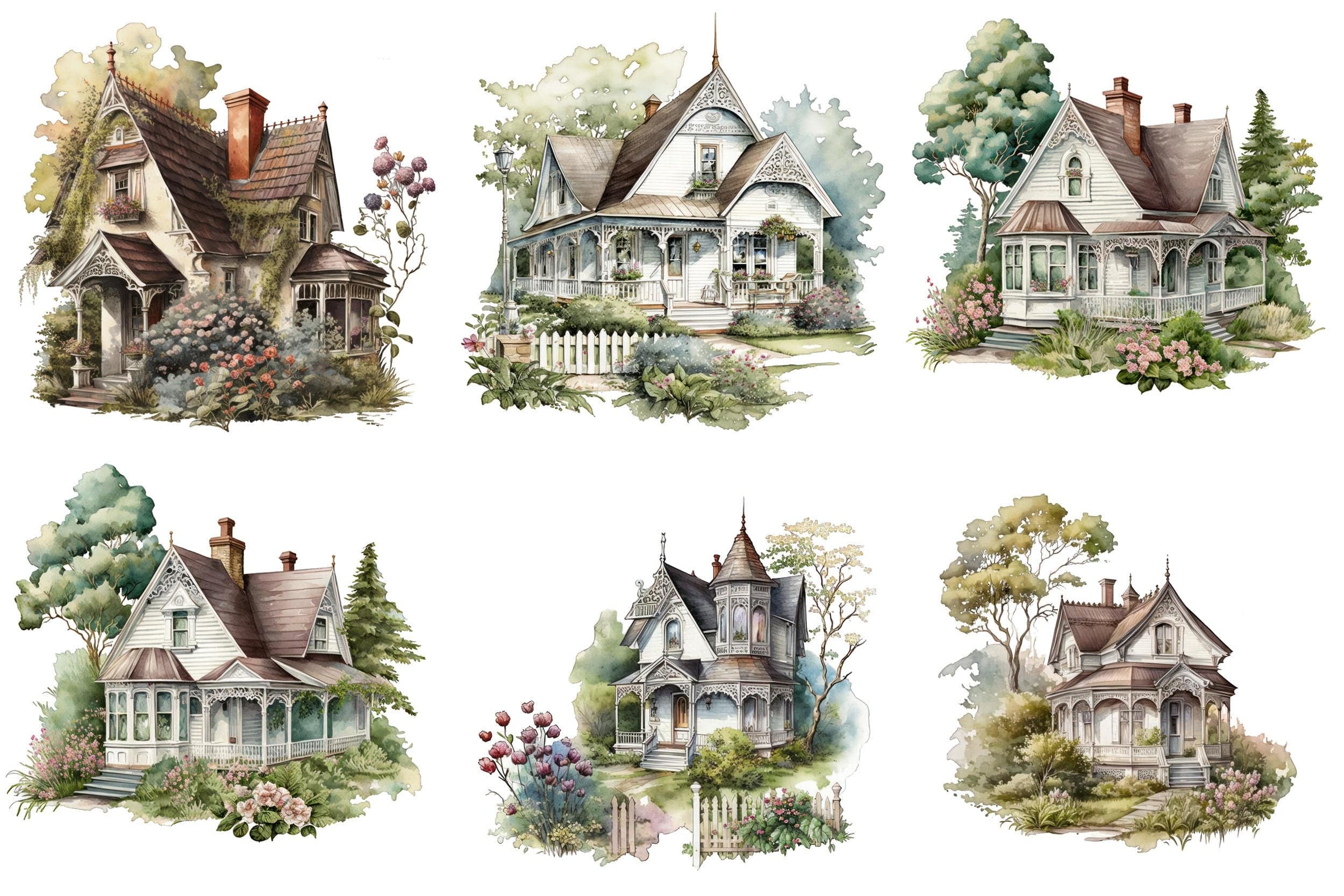 Vintage Victorian Cottage House Illustrations - 50 Transparent PNG Images for DIY Crafting and Home Decor, Commercial use, Graphic Bundle Digital Download Sumobundle