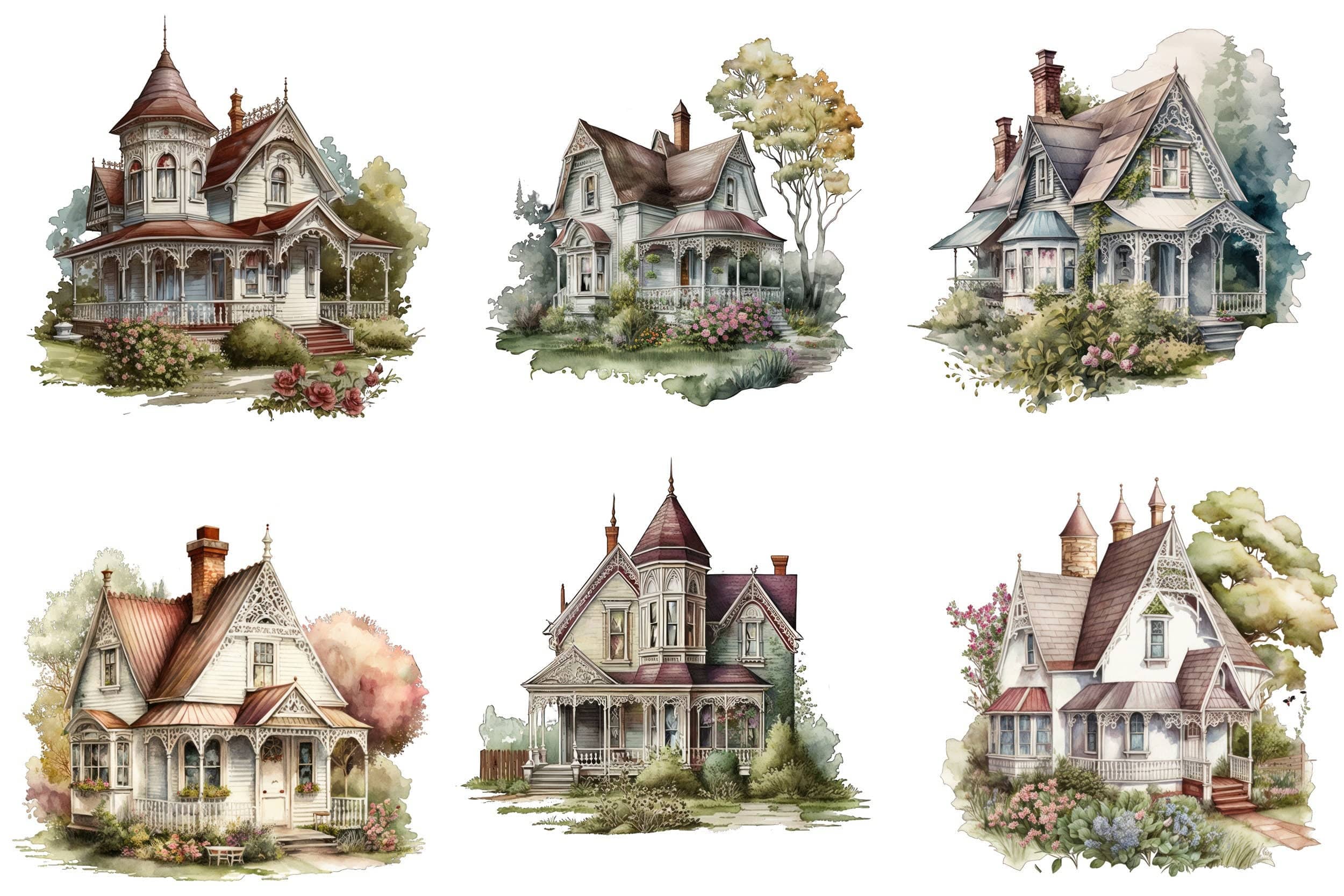Vintage Victorian Cottage House Illustrations - 50 Transparent PNG Images for DIY Crafting and Home Decor, Commercial use, Graphic Bundle Digital Download Sumobundle