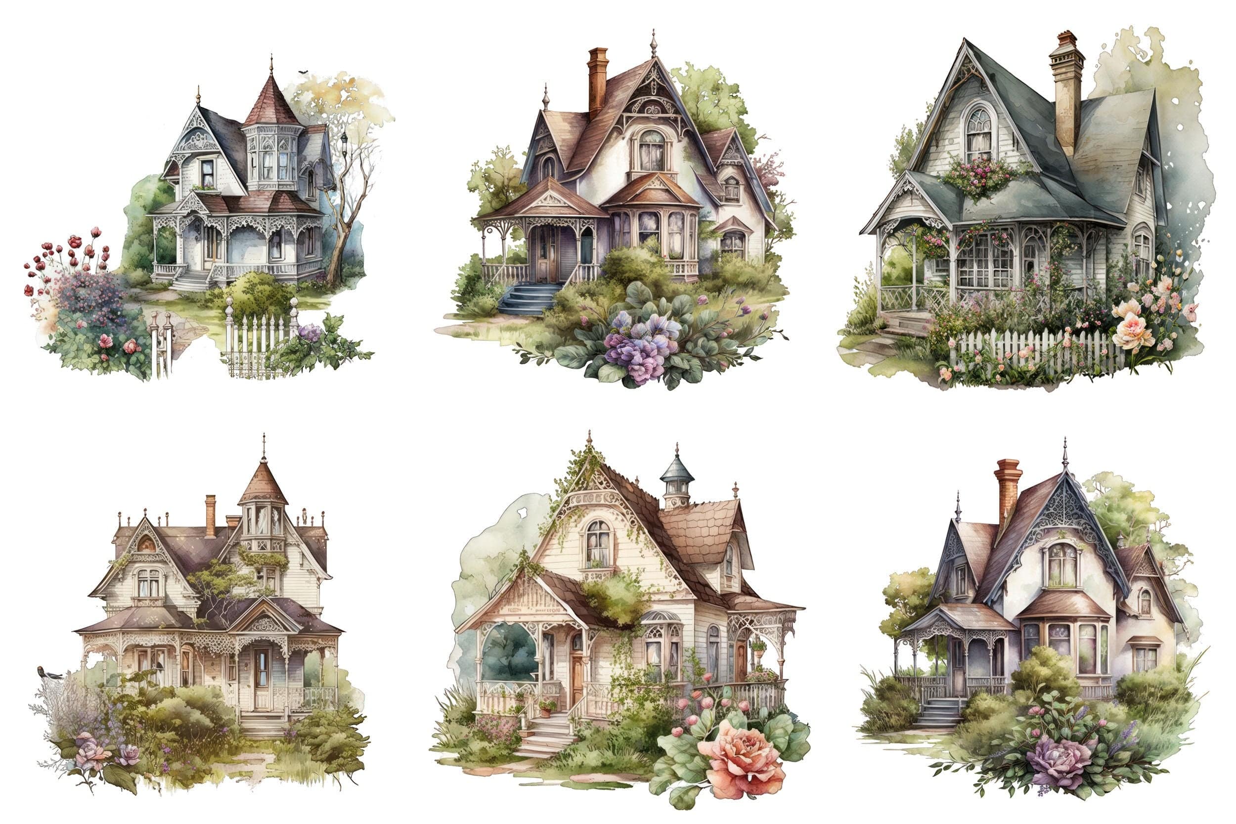 Vintage Victorian Cottage House Illustrations - 50 Transparent PNG Images for DIY Crafting and Home Decor, Commercial use, Graphic Bundle Digital Download Sumobundle