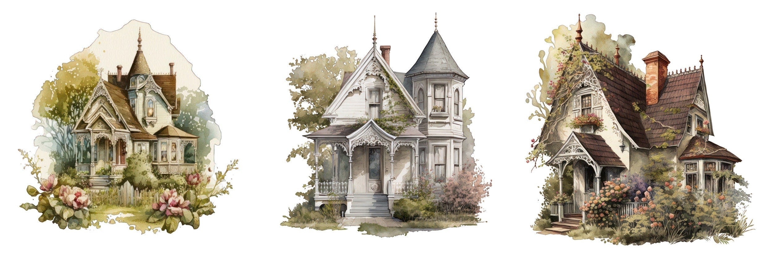 Vintage Victorian Cottage House Illustrations - 50 Transparent PNG Images for DIY Crafting and Home Decor, Commercial use, Graphic Bundle Digital Download Sumobundle