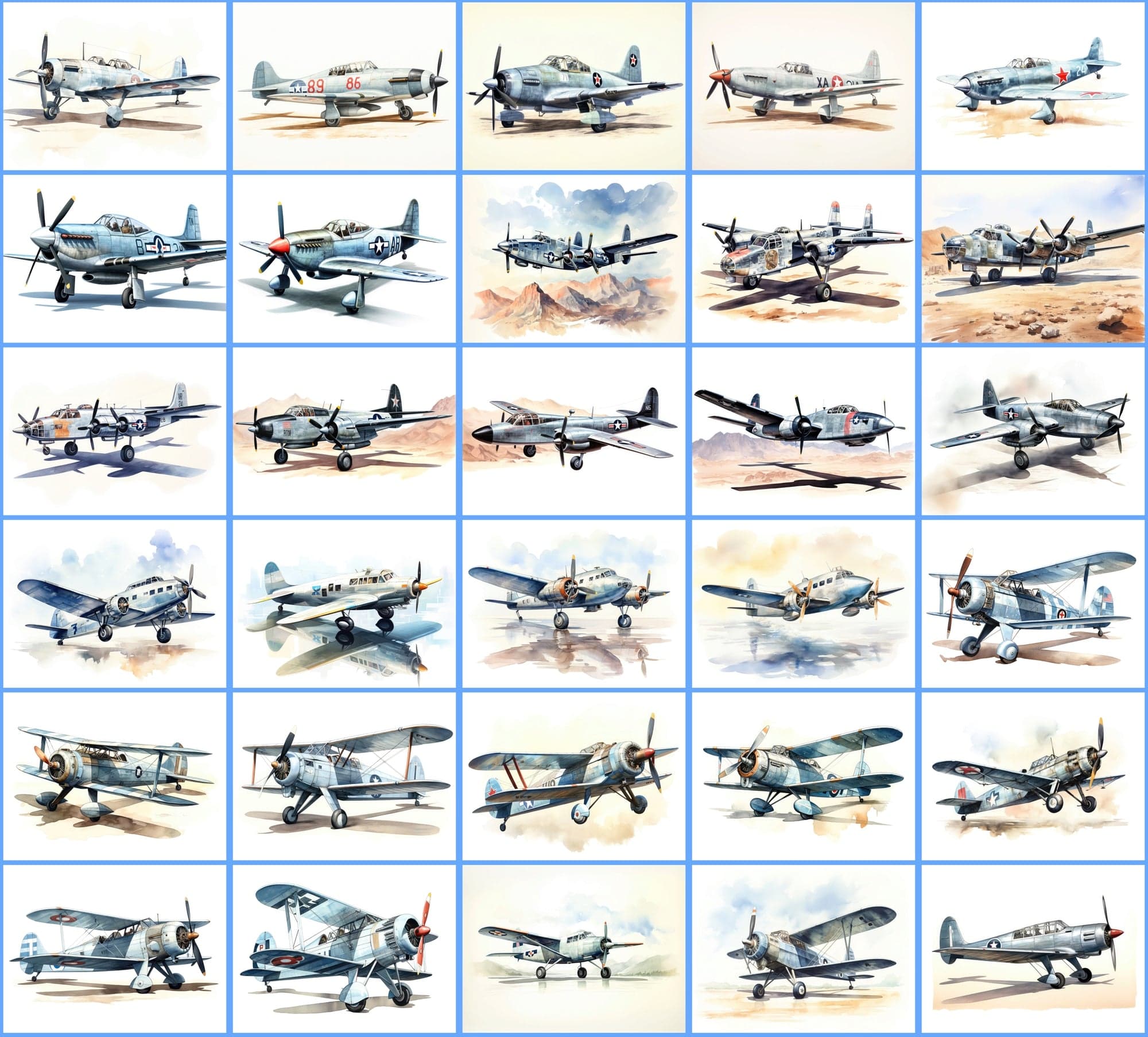 Watercolor Airplane PNG Collection: 350 Vintage Fighter and Bomber Plane Illustrations with Commercial License Digital Download Sumobundle