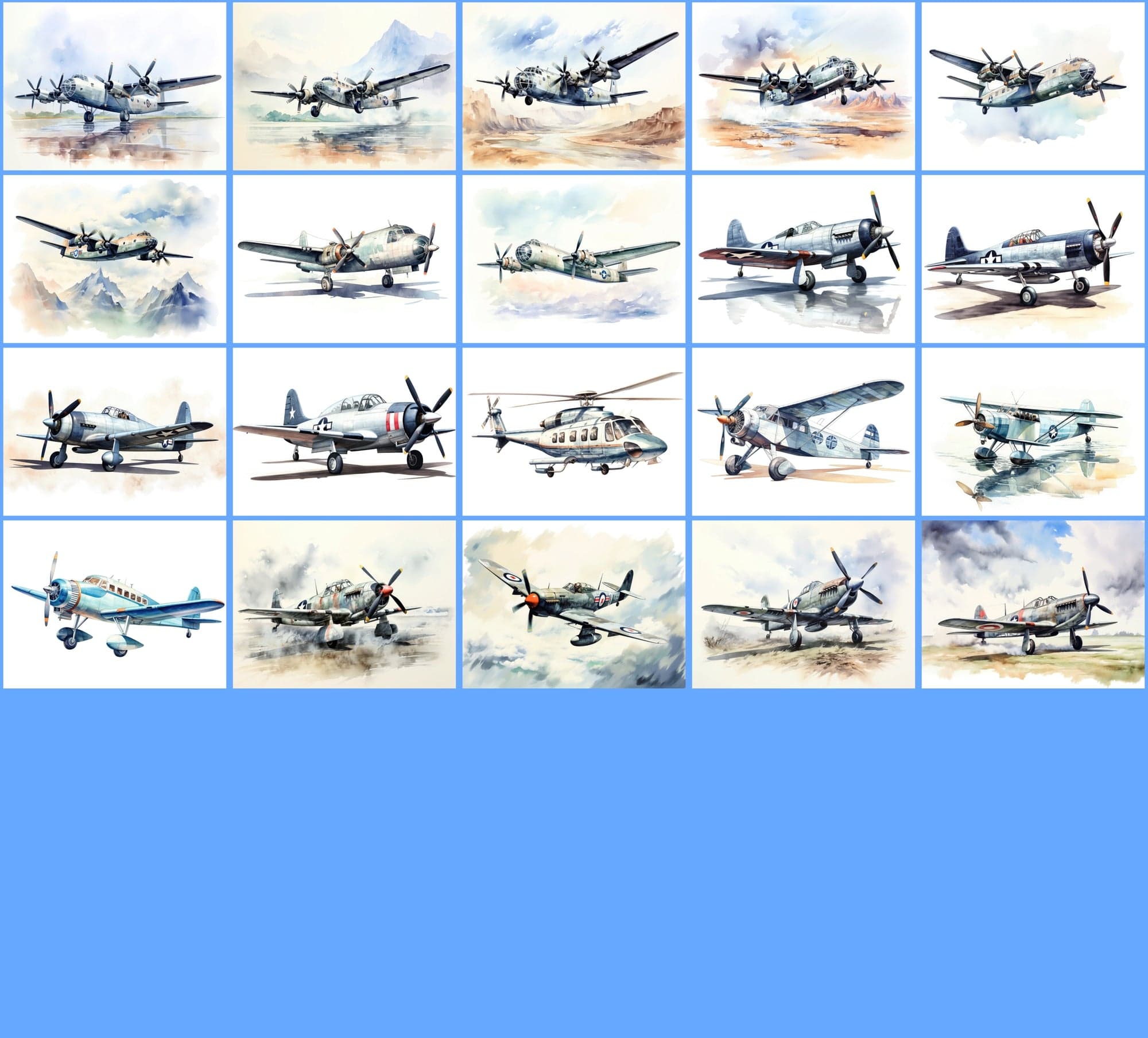 Watercolor Airplane PNG Collection: 350 Vintage Fighter and Bomber Plane Illustrations with Commercial License Digital Download Sumobundle
