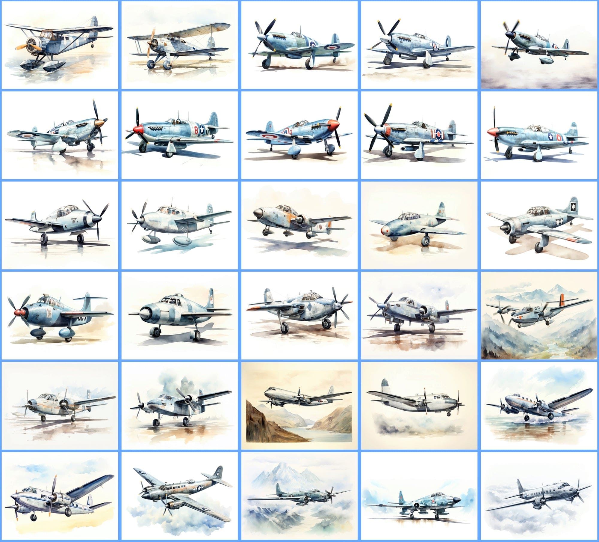 Watercolor Airplane PNG Collection: 350 Vintage Fighter and Bomber Plane Illustrations with Commercial License Digital Download Sumobundle