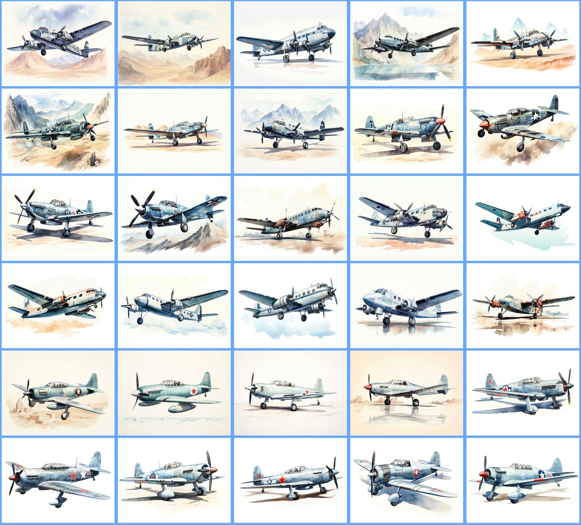 Watercolor Airplane PNG Collection: 350 Vintage Fighter and Bomber Plane Illustrations with Commercial License Digital Download Sumobundle