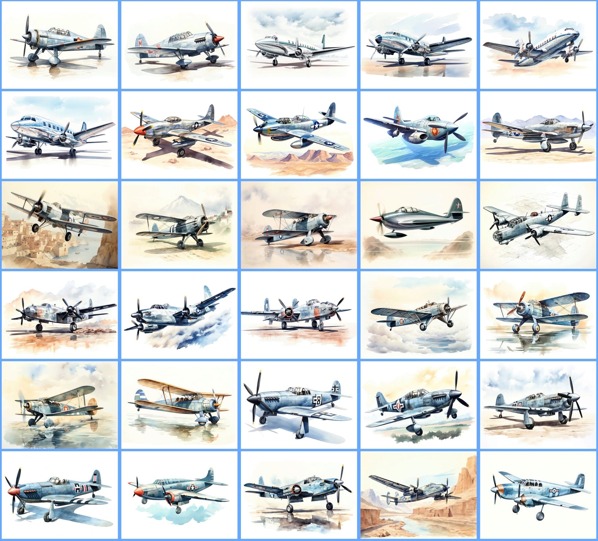 Watercolor Airplane PNG Collection: 350 Vintage Fighter and Bomber Plane Illustrations with Commercial License Digital Download Sumobundle