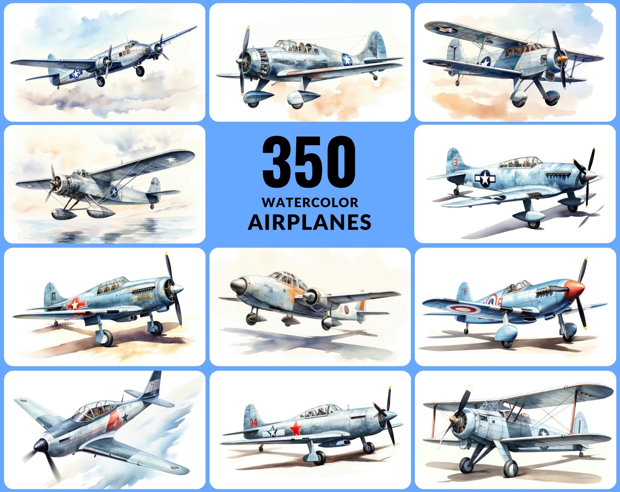 Watercolor Airplane PNG Collection: 350 Vintage Fighter and Bomber Plane Illustrations with Commercial License Digital Download Sumobundle