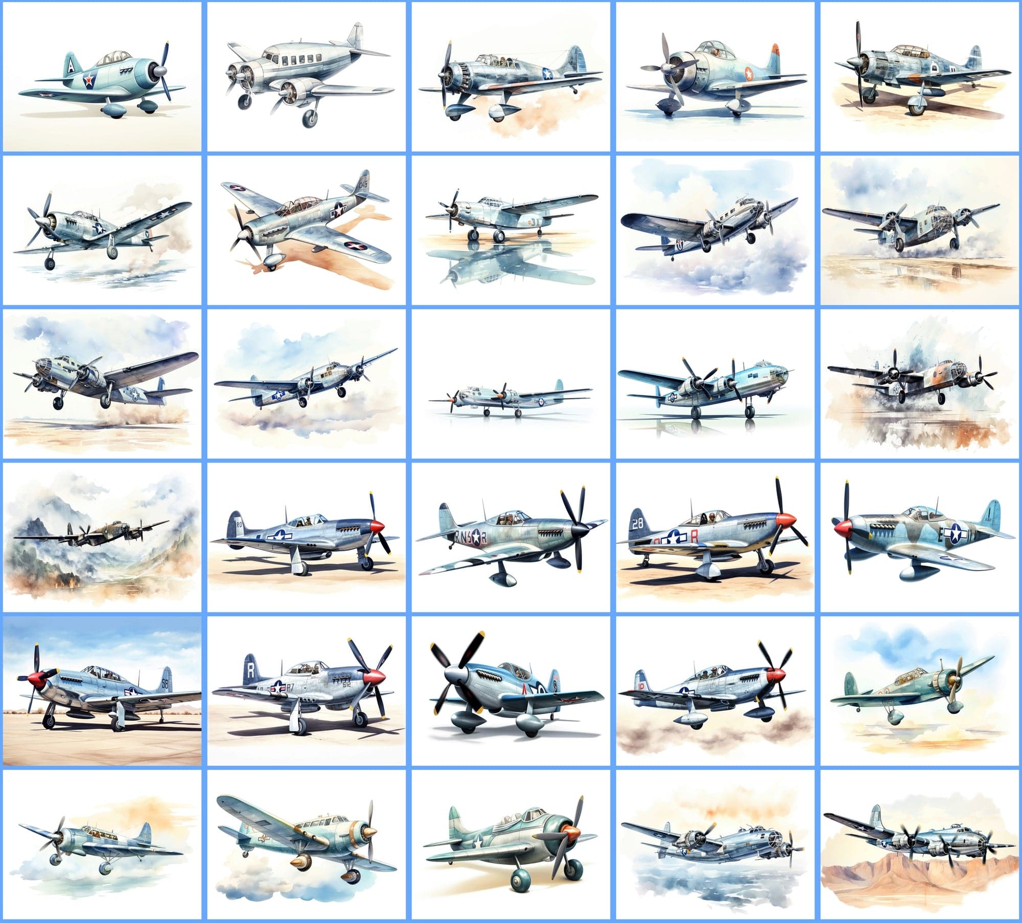 Watercolor Airplane PNG Collection: 350 Vintage Fighter and Bomber Plane Illustrations with Commercial License Digital Download Sumobundle